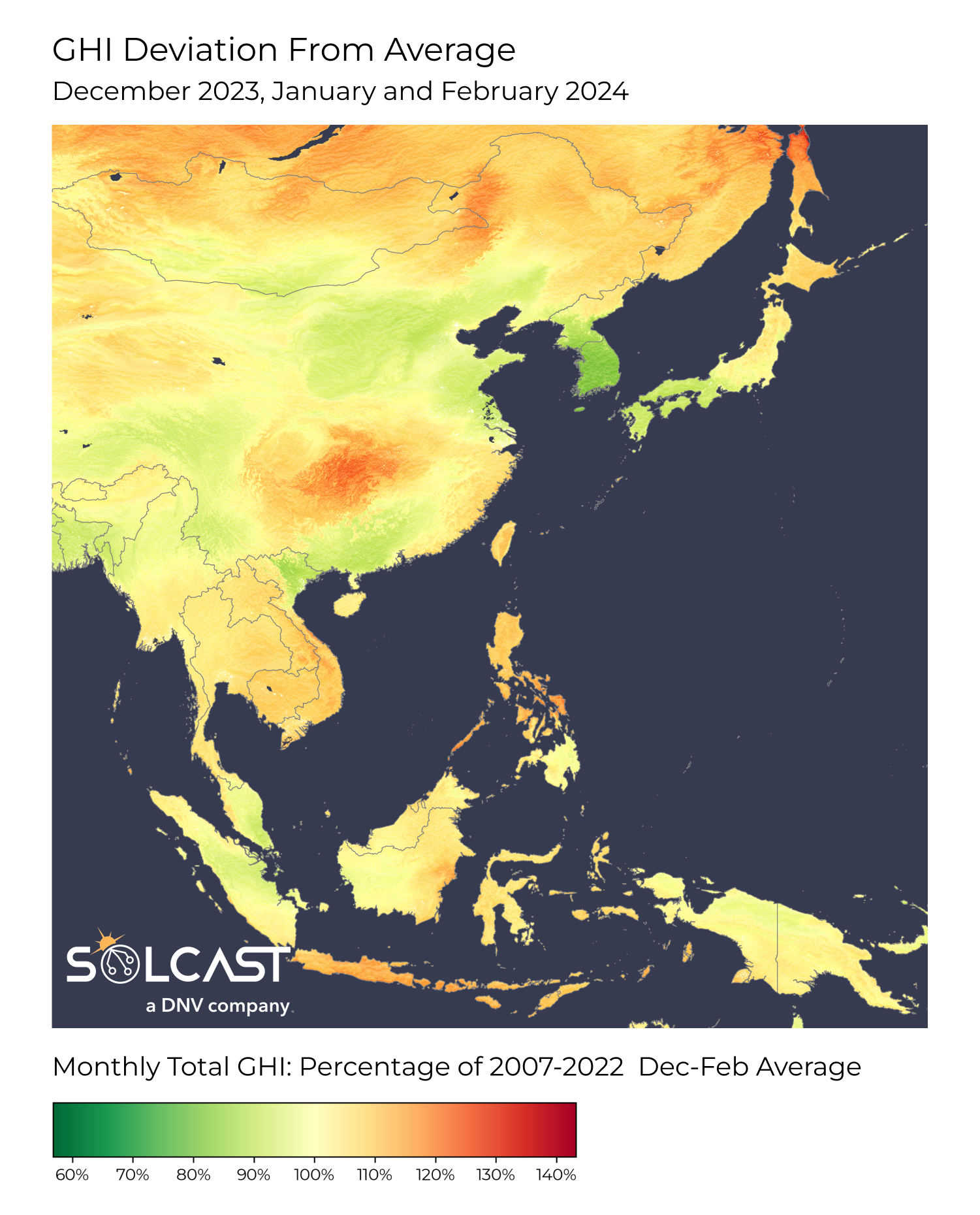 A map showing the GHI deviation from average for Asia in December 2023, January and February 2024