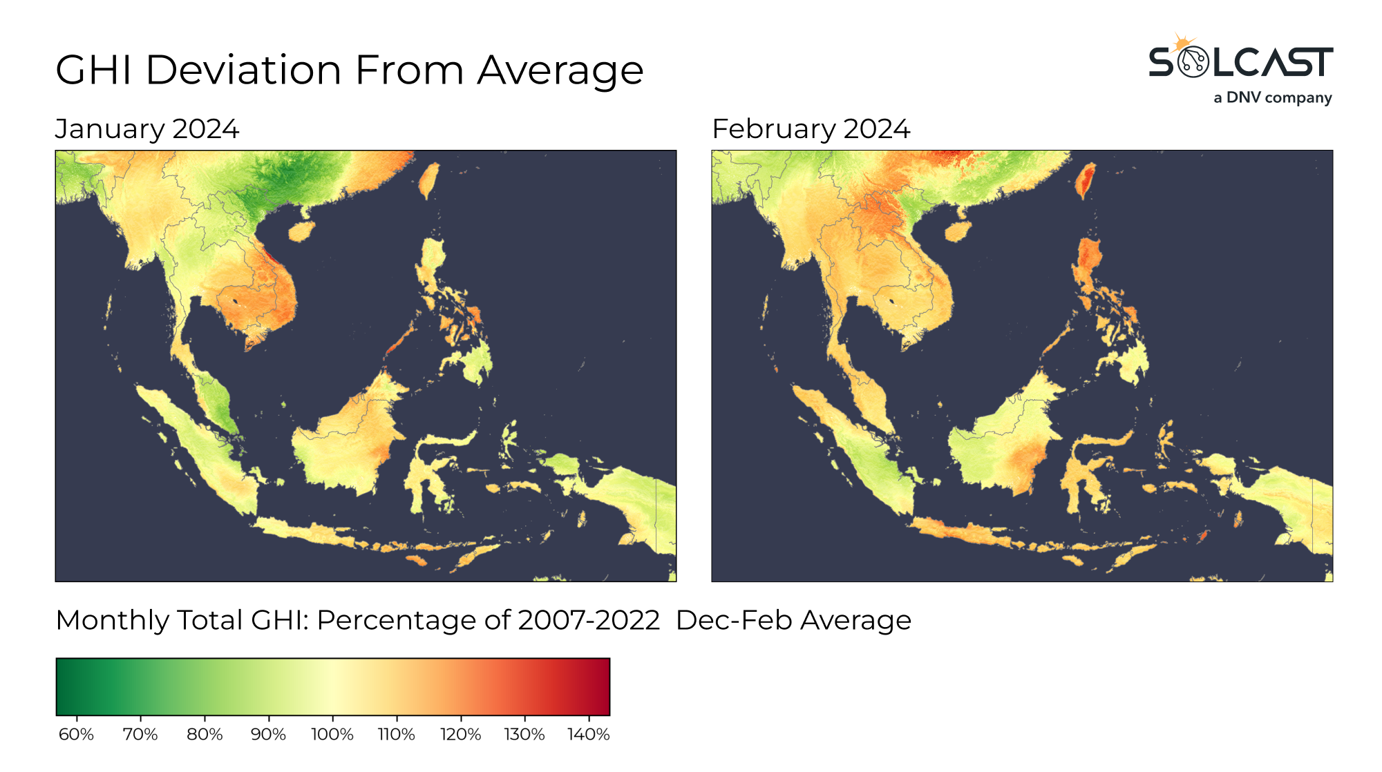 A map showing the GHI deviation from average for Southern Asia in January and February 2024