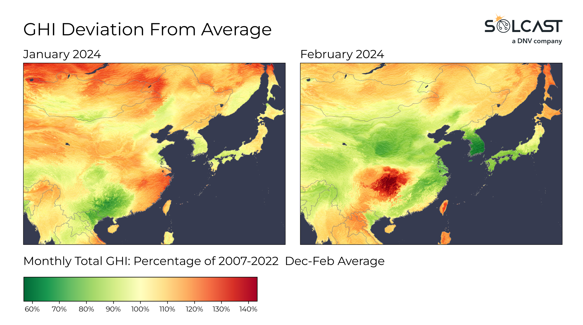 A map showing the GHI deviation from average for Northern Asia in January and February 2024