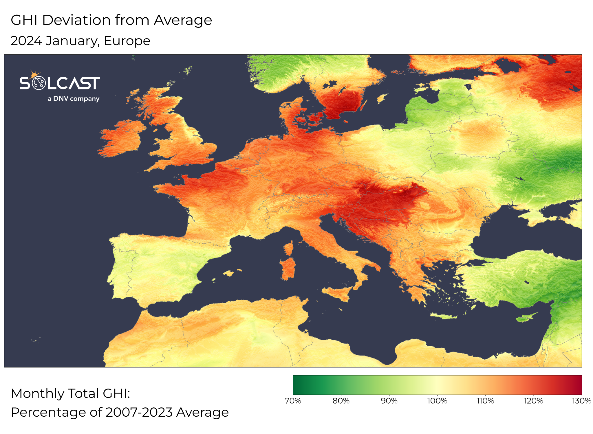 A map showing the GHI deviation from average in Europe in January 2024