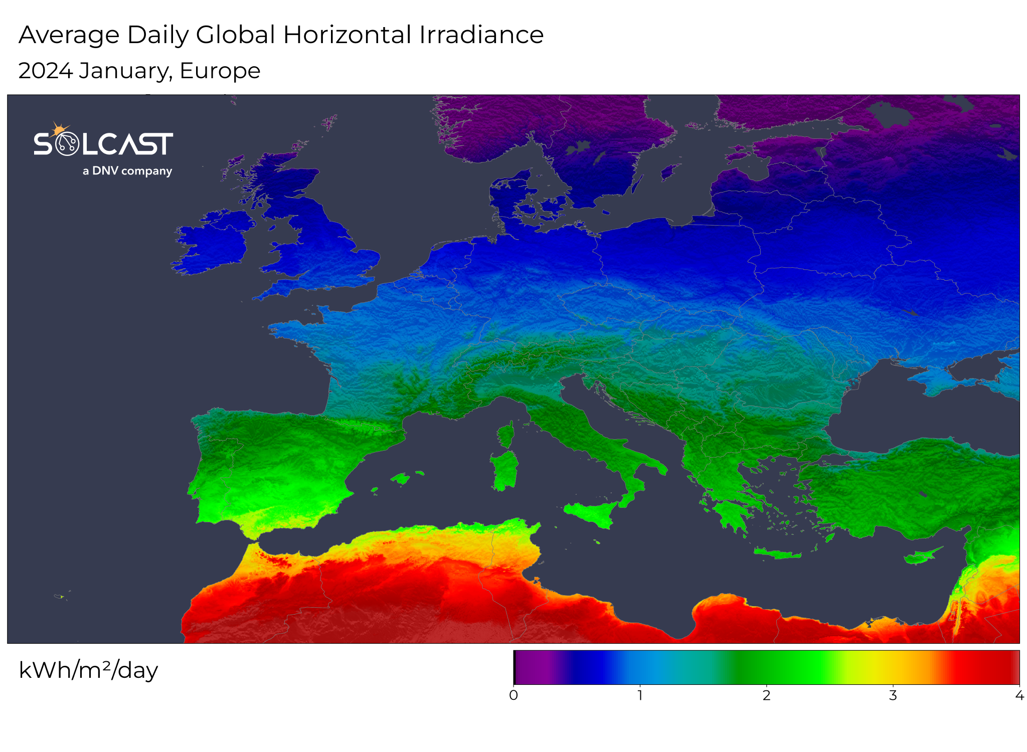 A map showing the average daily global horizontal irradiance in Europe in January 2024