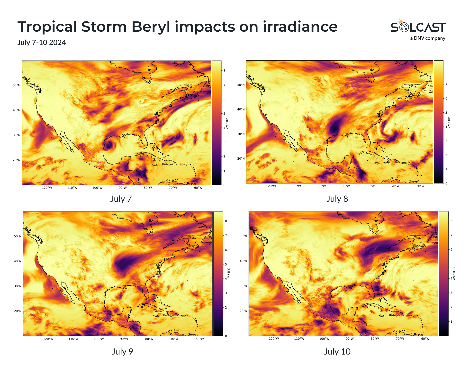 A photo showing the path of Tropical Storm Beryl from July 7-10