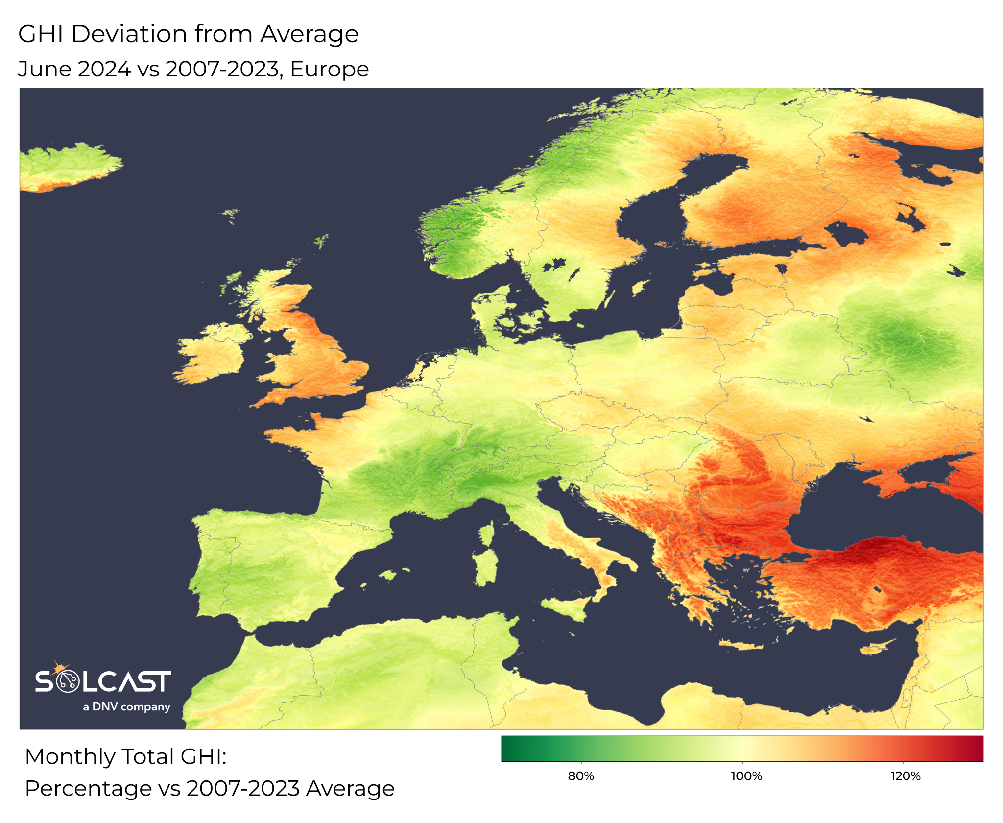 A map showing the GHI deviation from Average in Europe in June 2024
