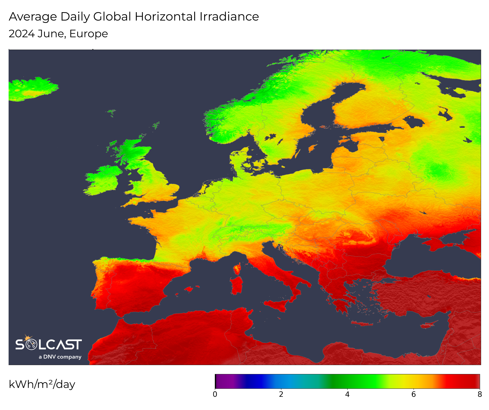 A map showing the average daily global horizontal irradiance in Europe in June