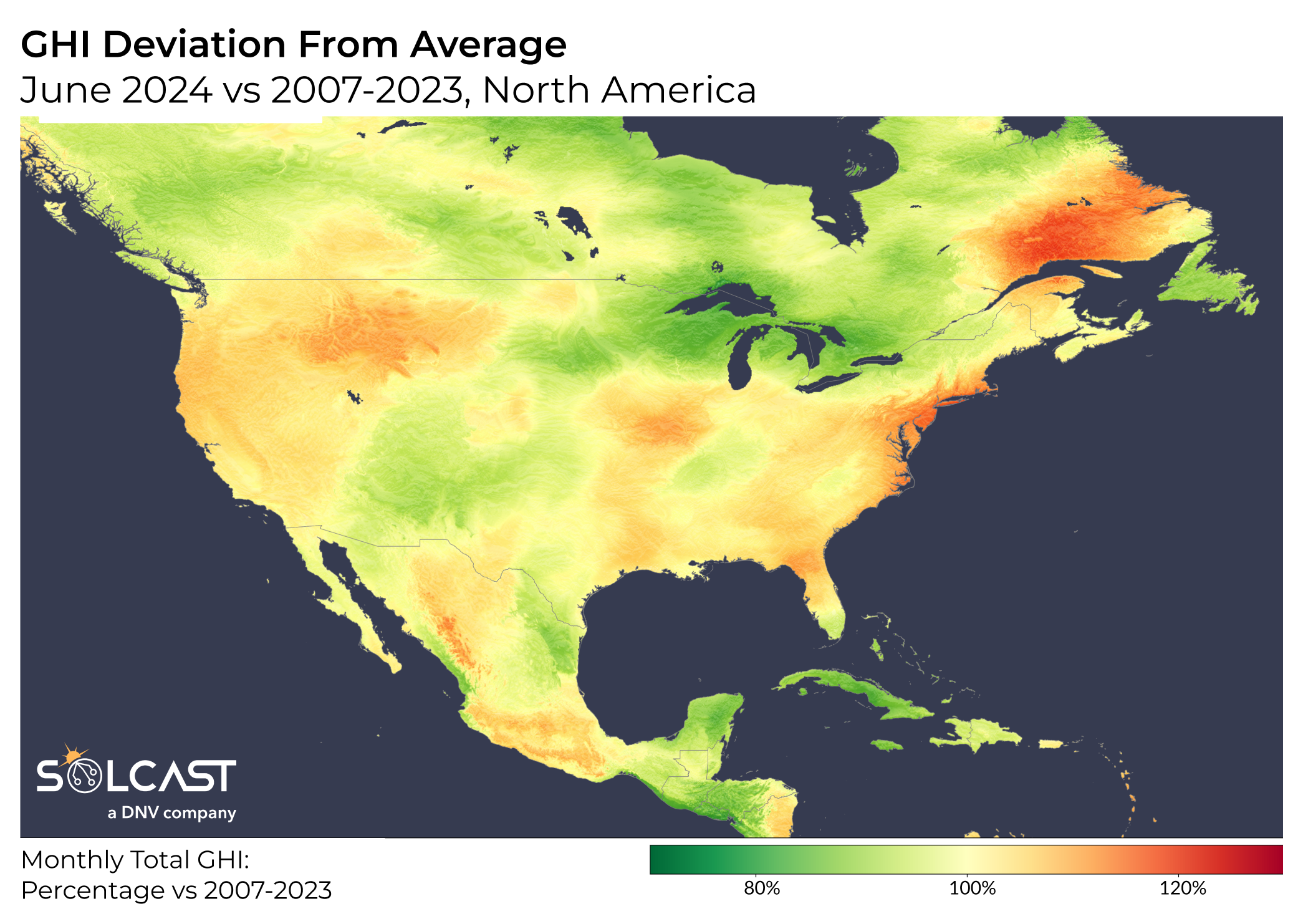 A map showing the GHI deviation from average in North America in June 2024