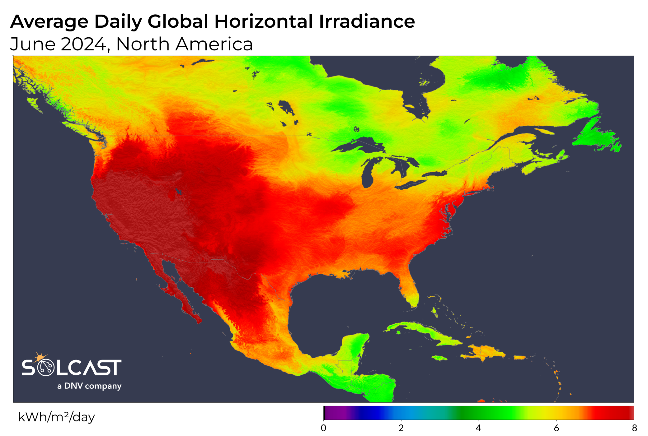 A map showing the average daily global horizontal irradiance in North America in June 2024