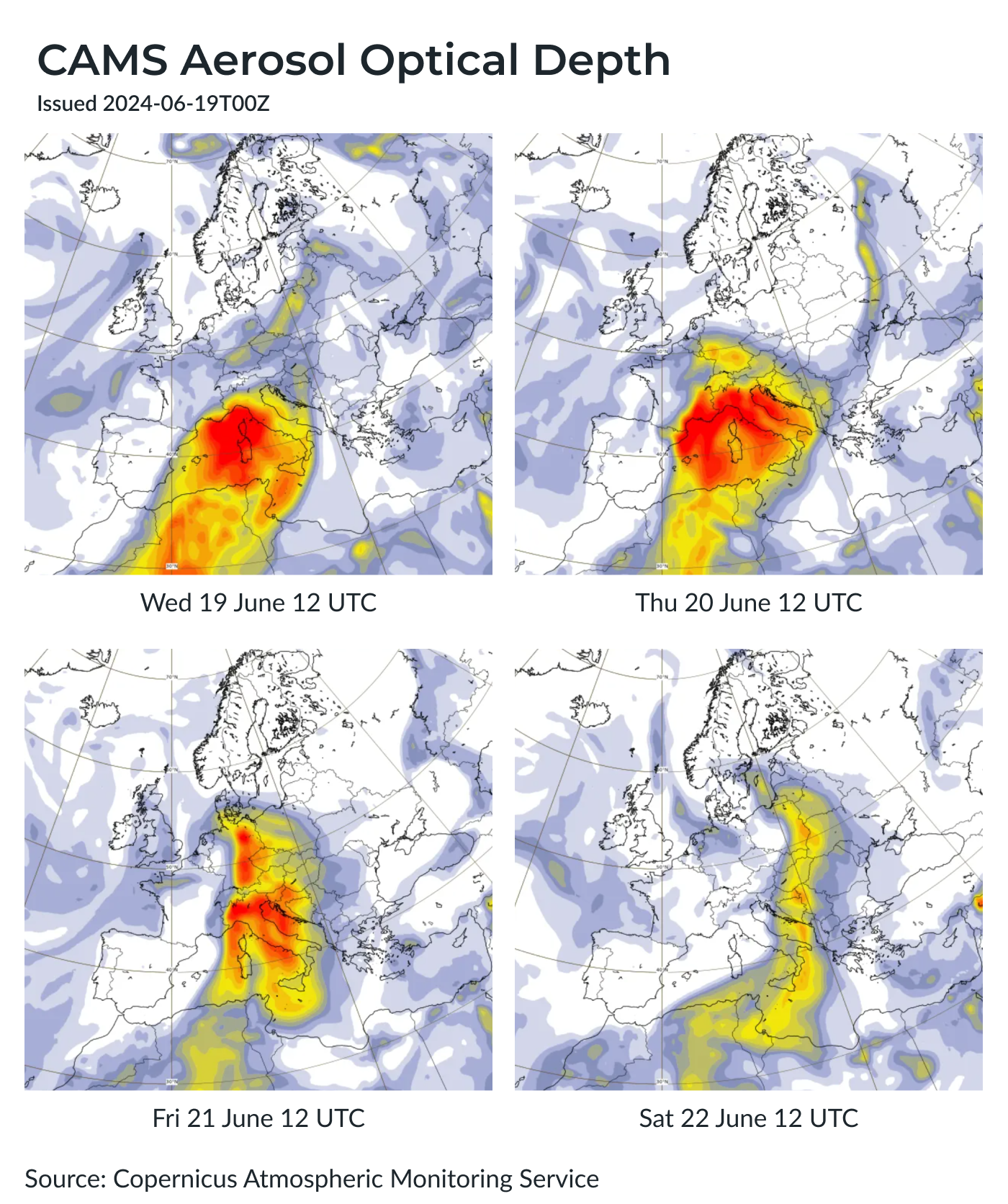 A map showing the aerosol optical depth and progression of Saharan Dust Event in June 2024