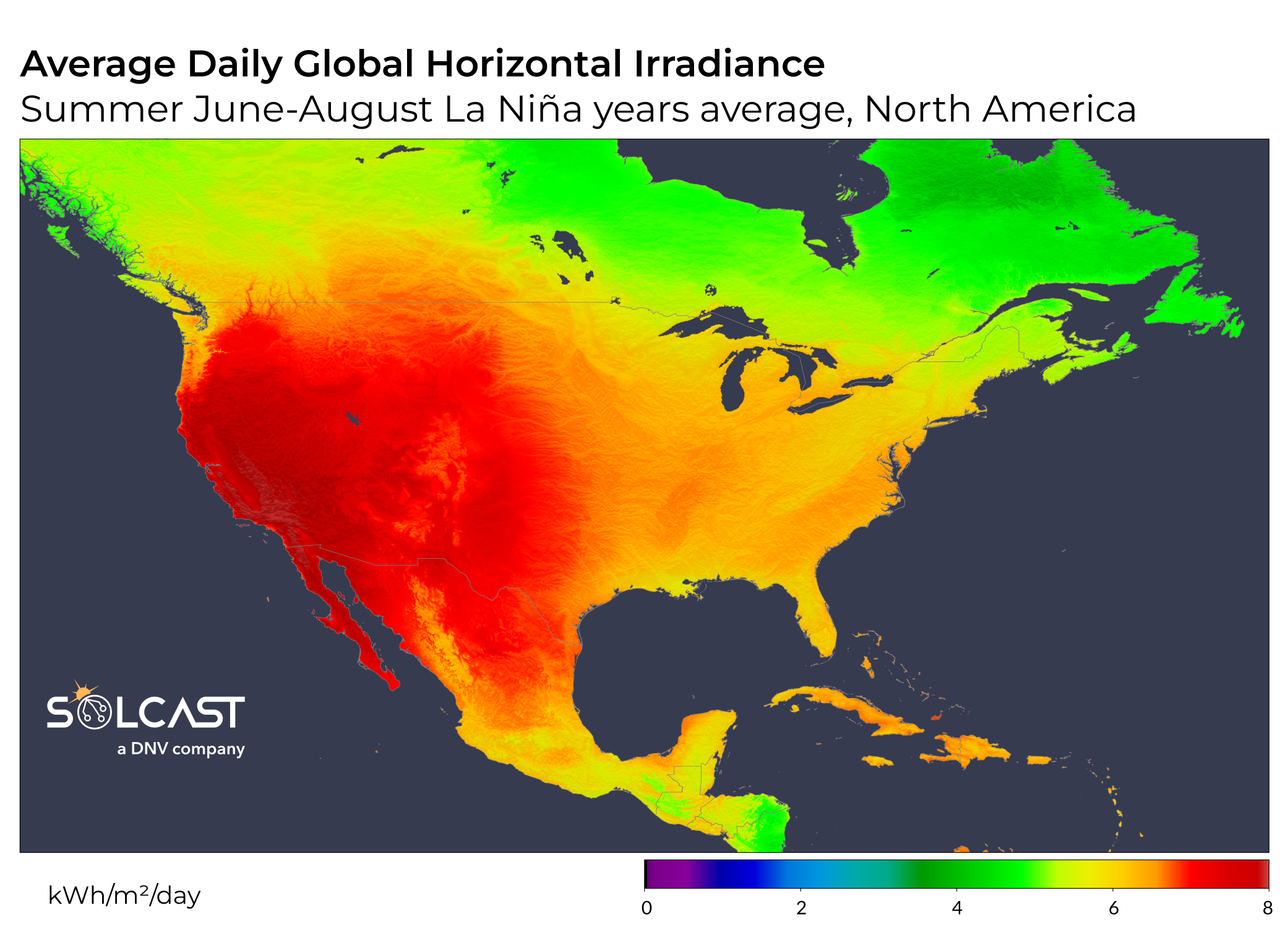 A map showing average daily global horizontal irradiance of Summer June-August La Niña years vs non-La Niña years in North America