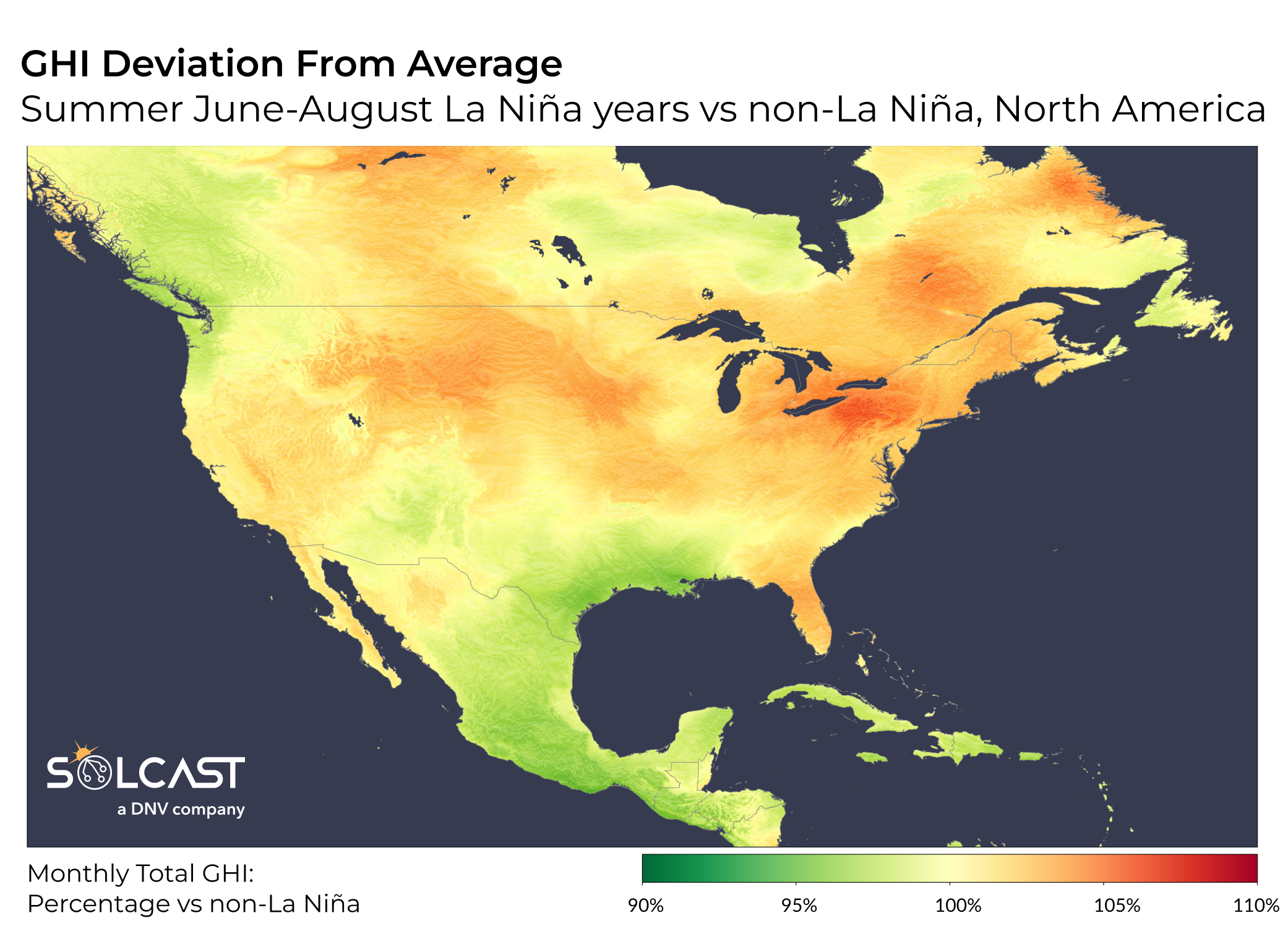 A map showing ghi deviation from averagion of Summer June-August La Niña years vs non-La Niña years in North America