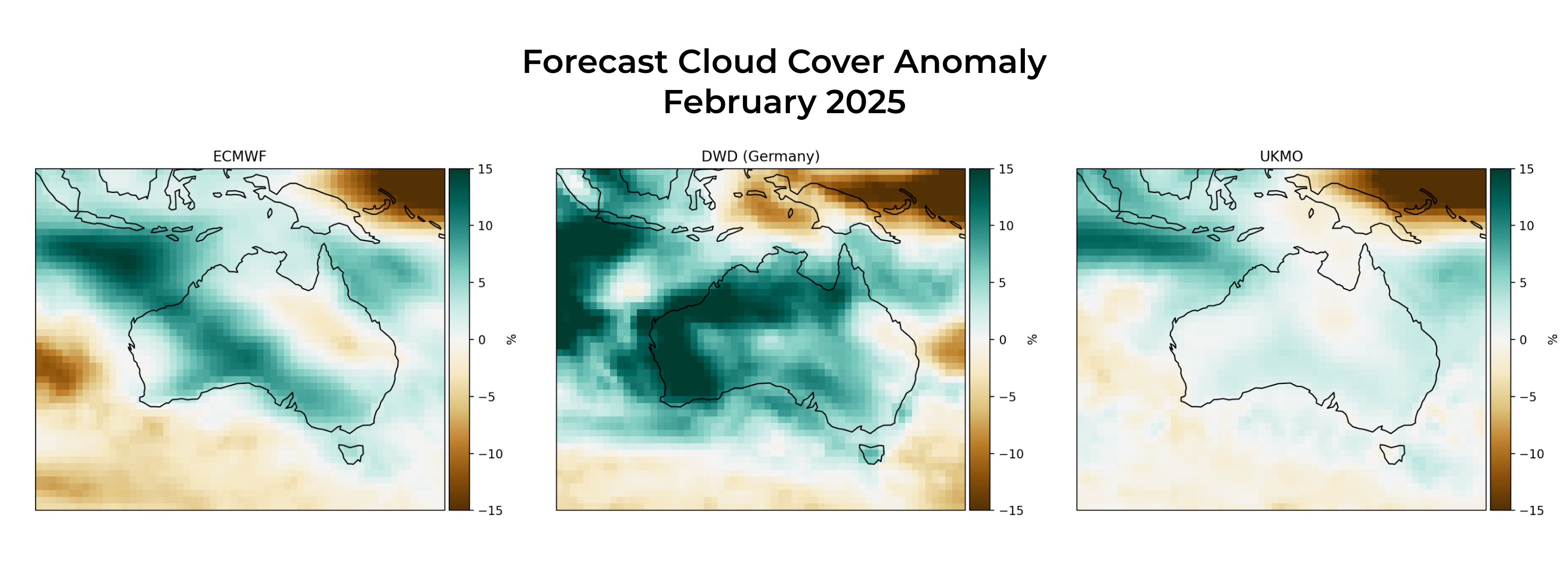 An image showing the forecast cloud cover anomaly in Australia in Feb 2025