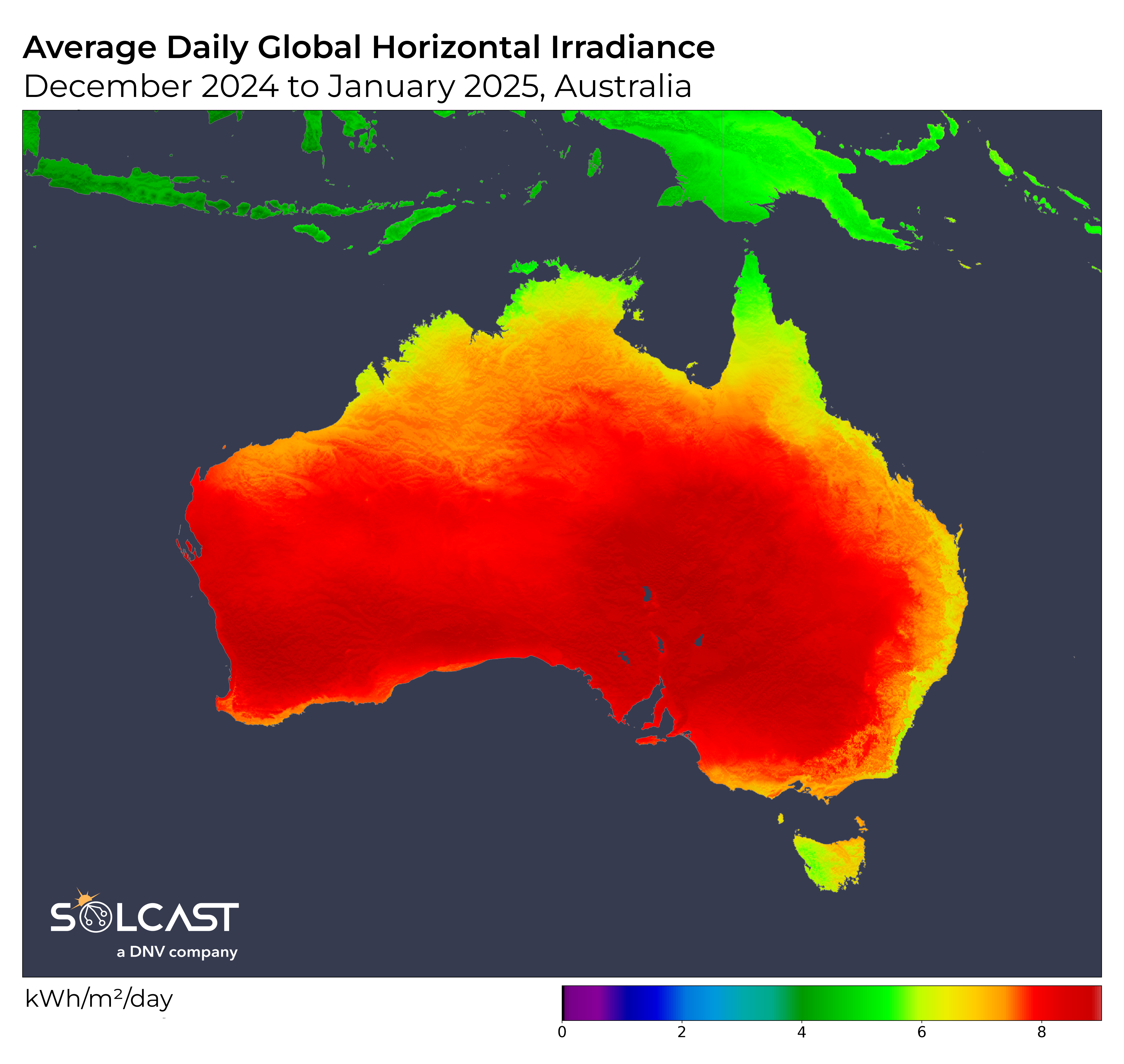 A plot map showing Australia's Average Daily Global Horizontal Irradiance (GHI) from Dec 2024-Jan 2025