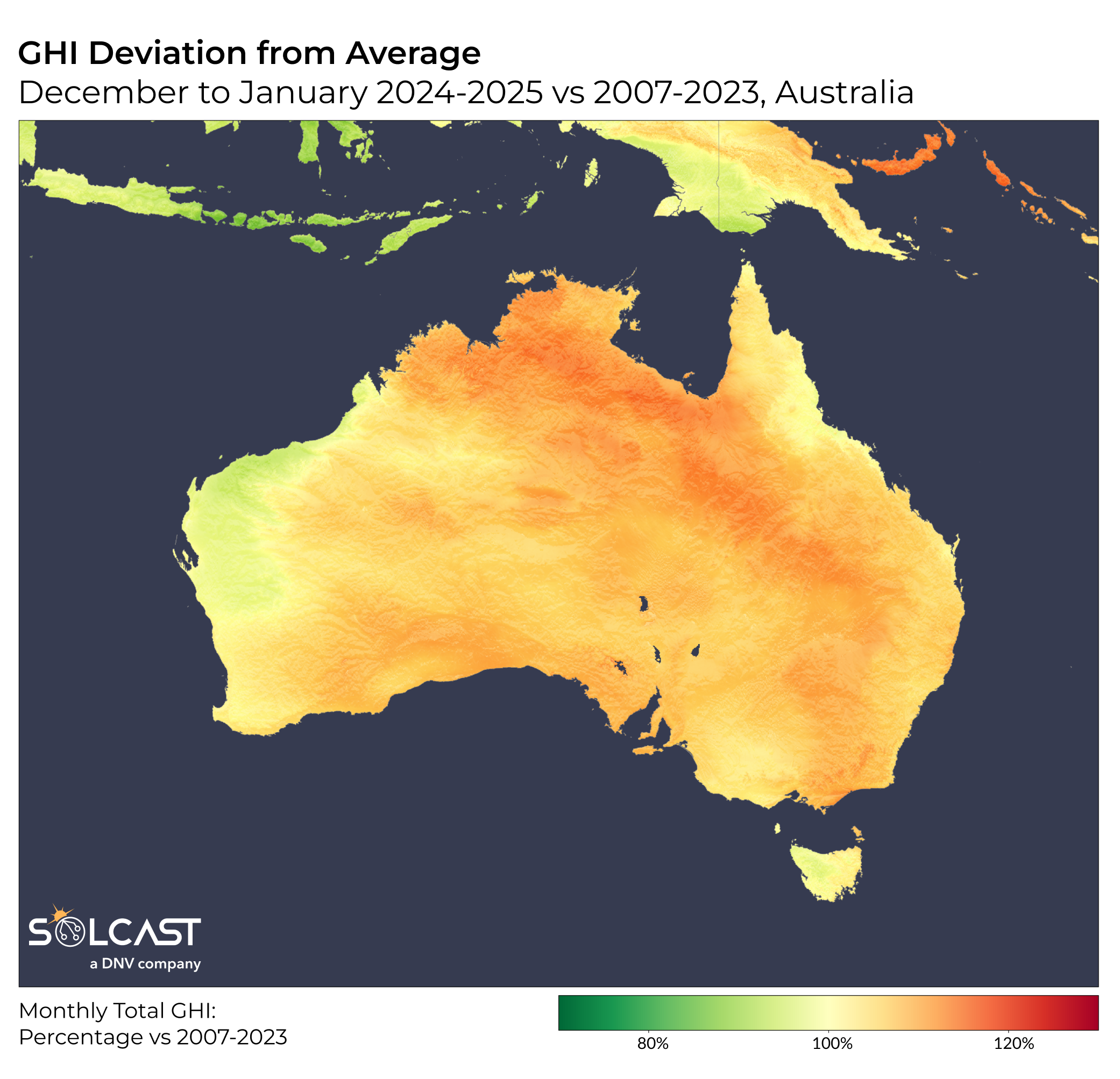 A plot map showing Australia's December GHI Deviation from Average (2007-2023)