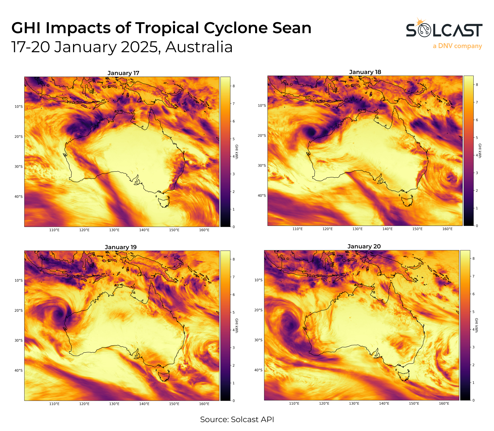 A photos showing the progression of Tropical Cyclone Sean in Australia
