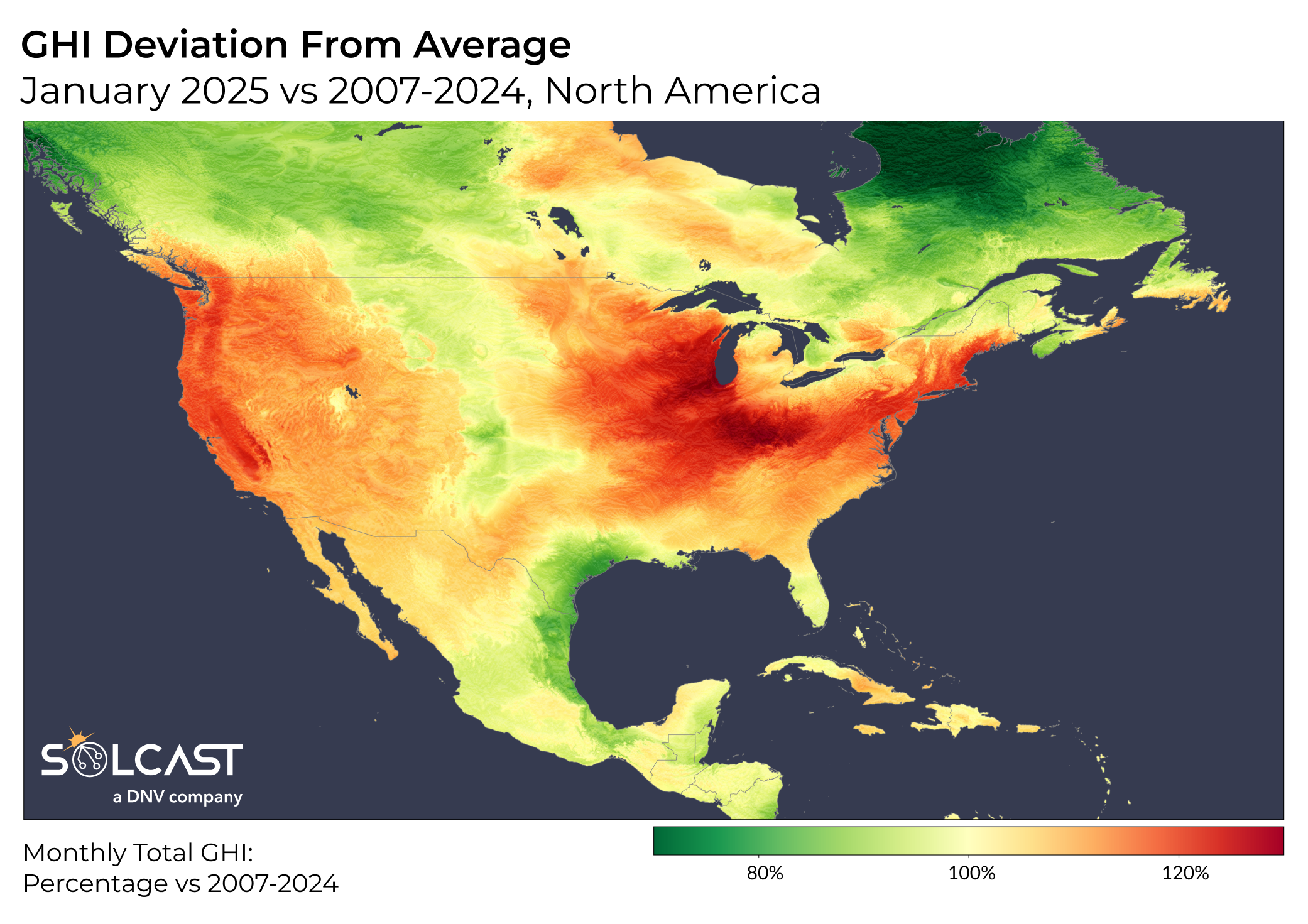 A plot map showing North America's January GHI Deviation from 2007-2024