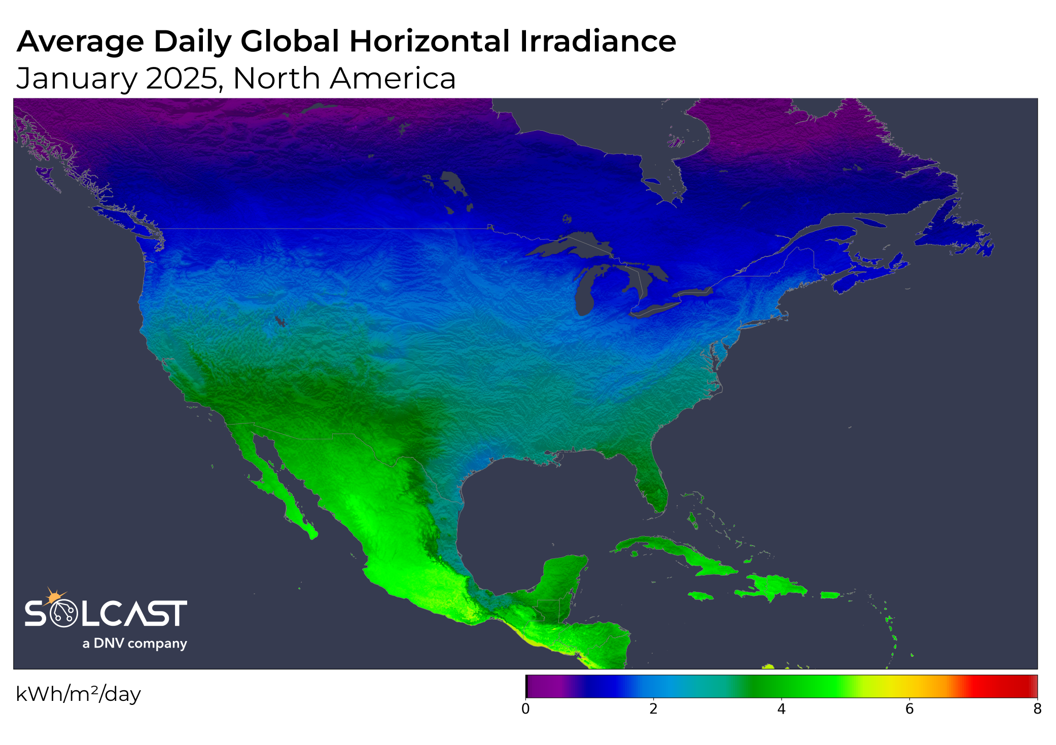 A plot map showing North America's average daily global horizontal irradiance in January 2025