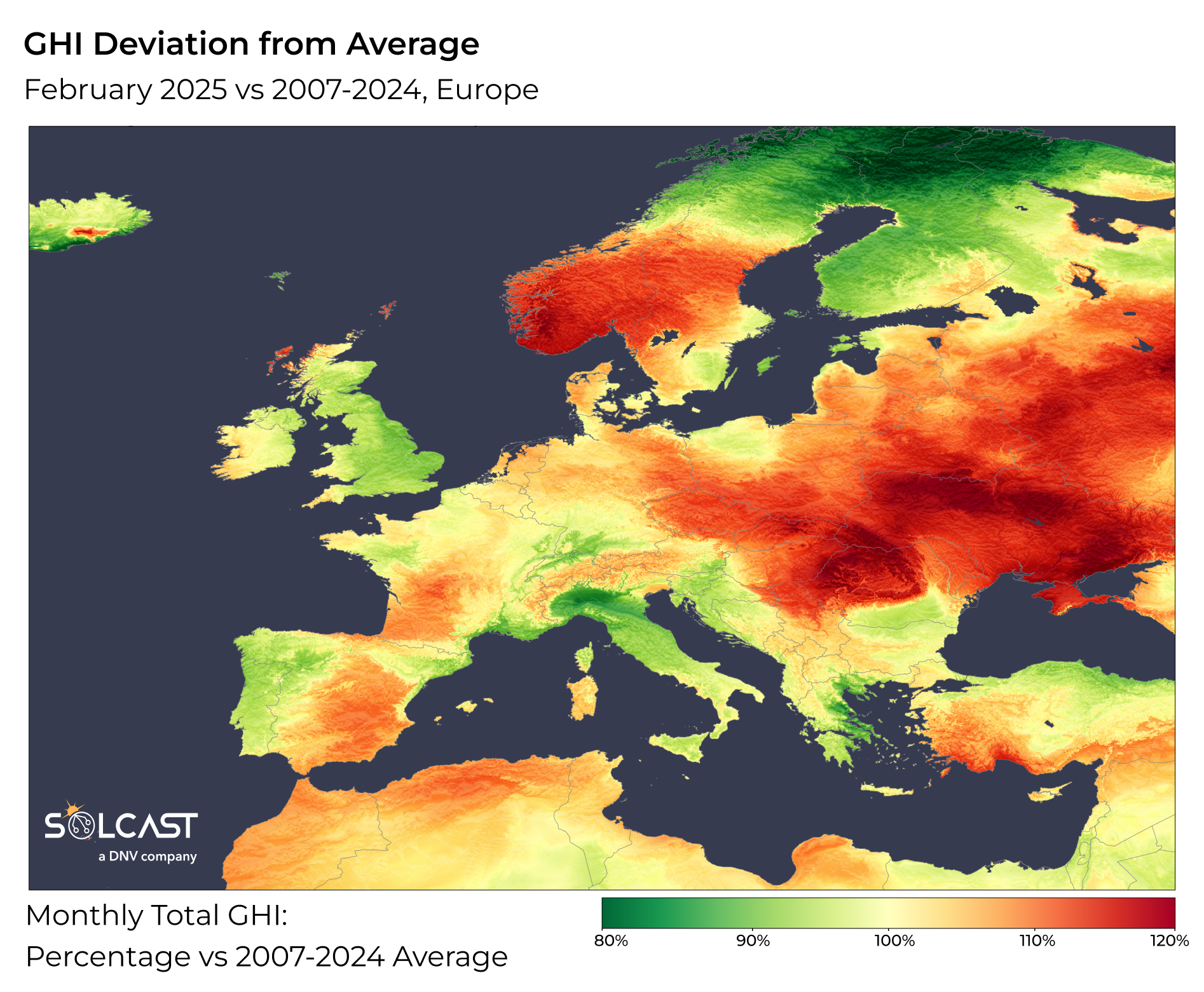 A European solar map showing the February 2025 GHI Deviation from 2007-2024 average