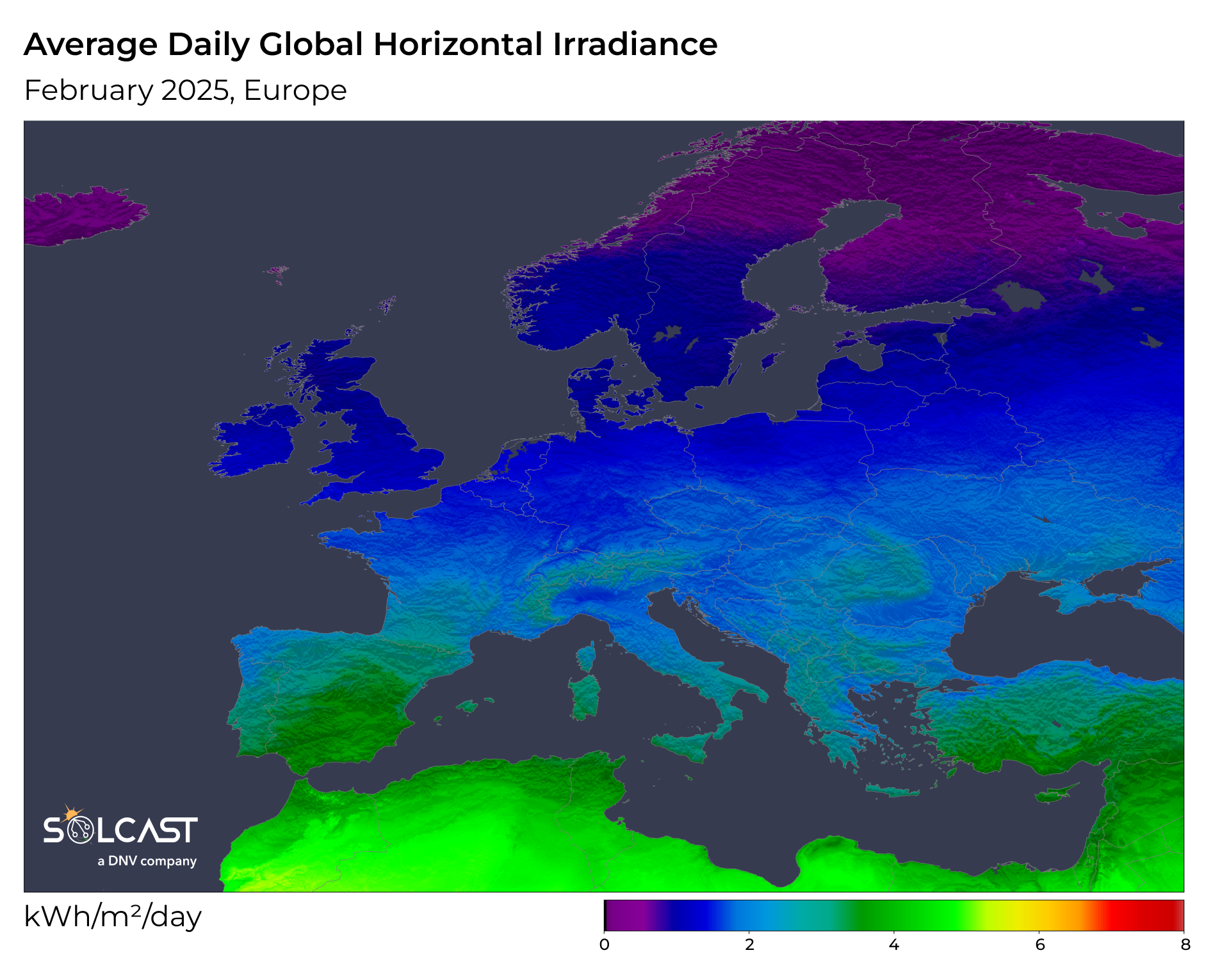 A European solar map showing the Average Daily Global Horizontal Irradiance in February 2025