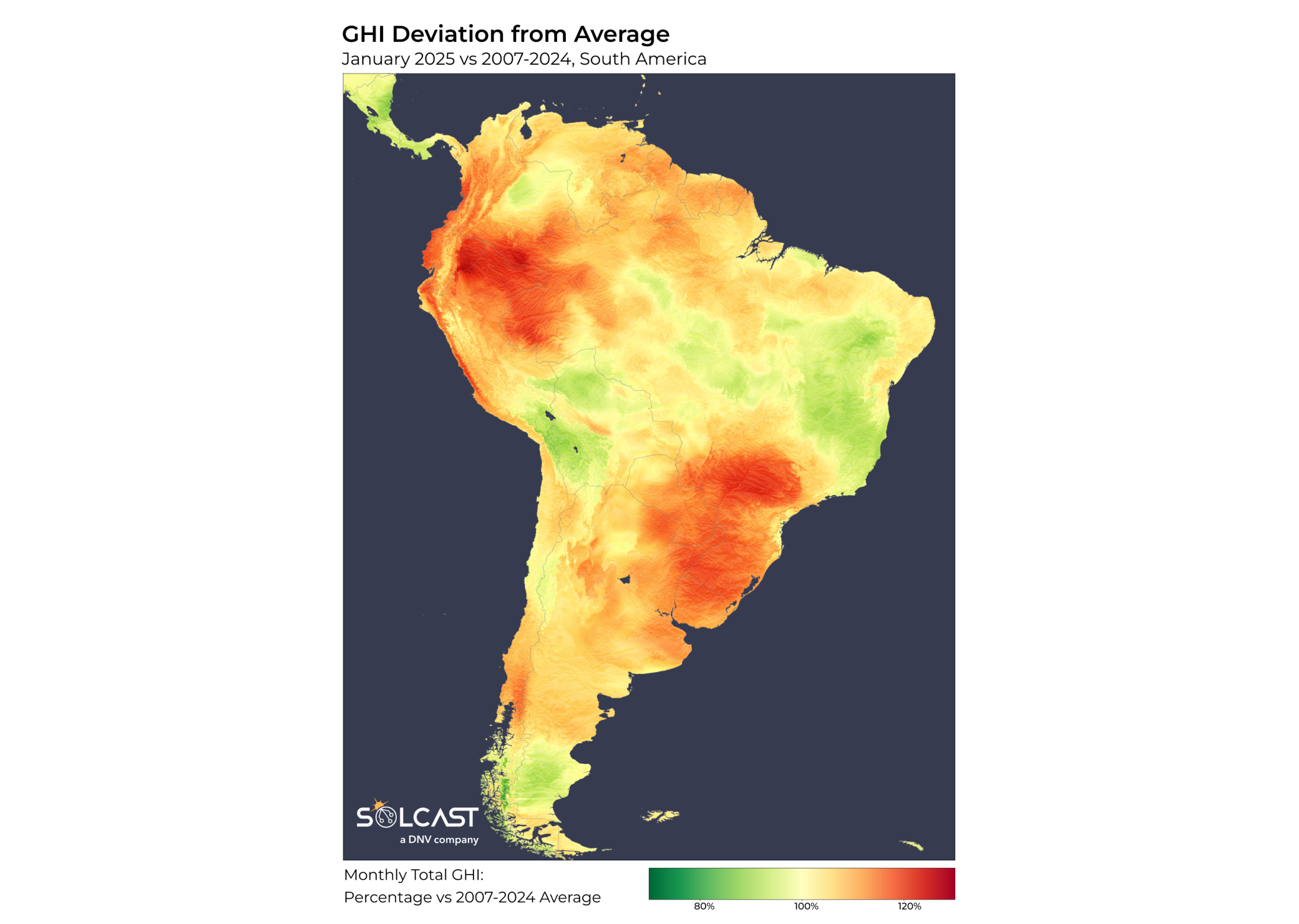 A South American map with January 2025's GHI deviation from 2007-2024 average