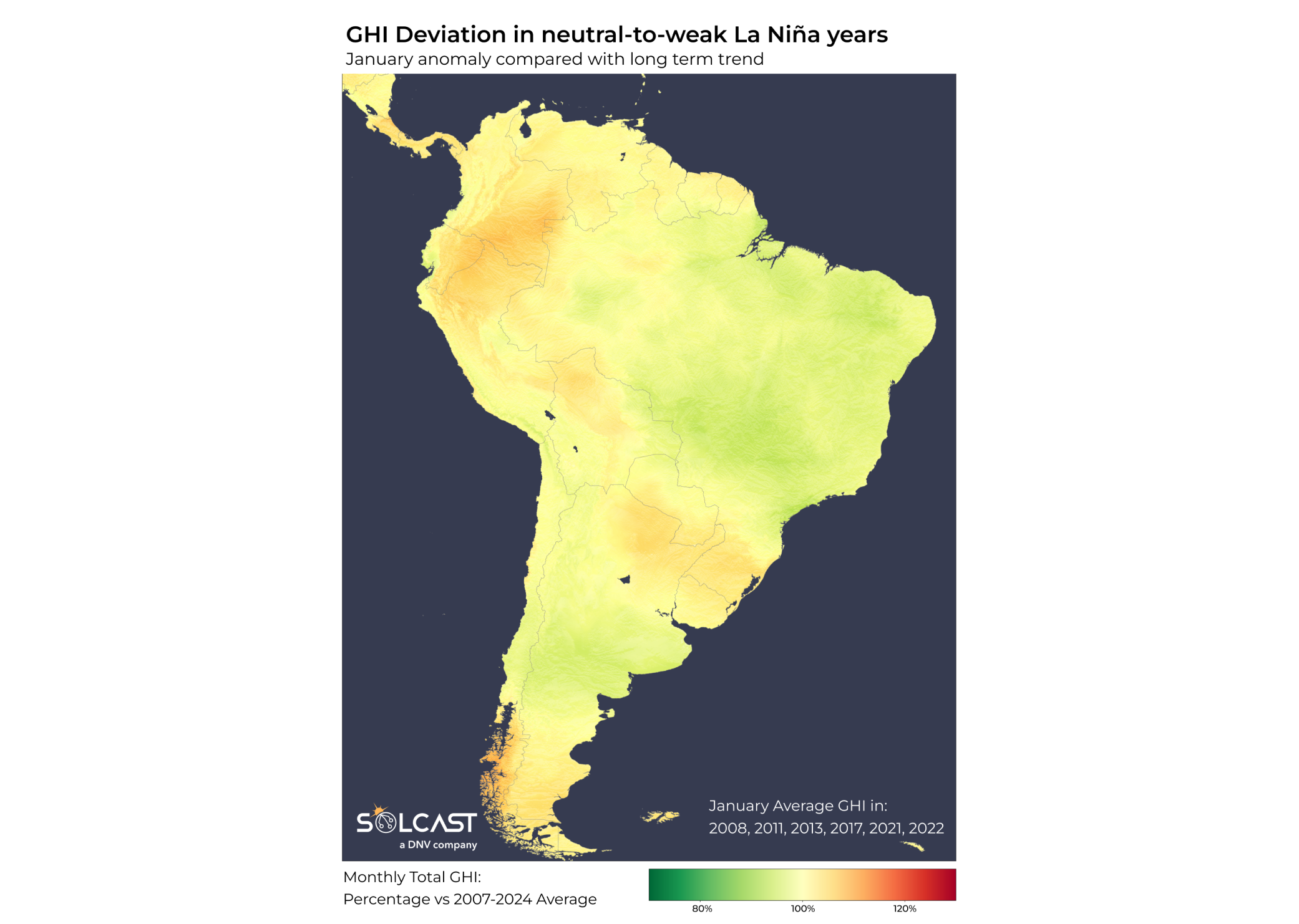 A South American map showing the January anomaly in neutral-to-weak La Niña years
