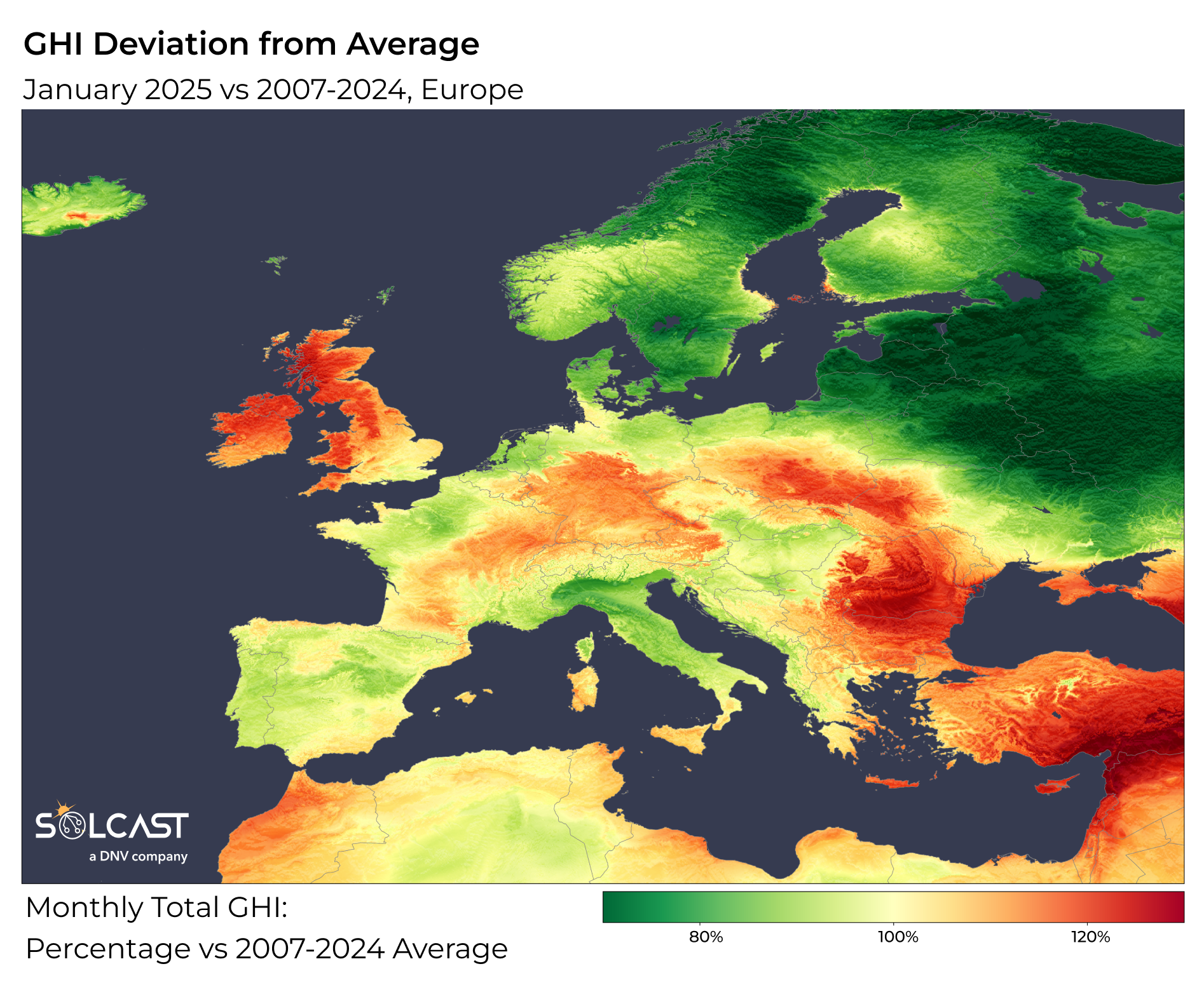 A European map showing January 2025's GHI deviation from 2007-2024 average