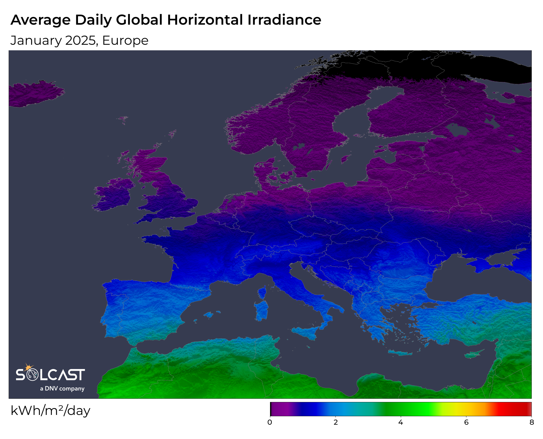 A European map showing January 2025's average daily global horizontal irradiance