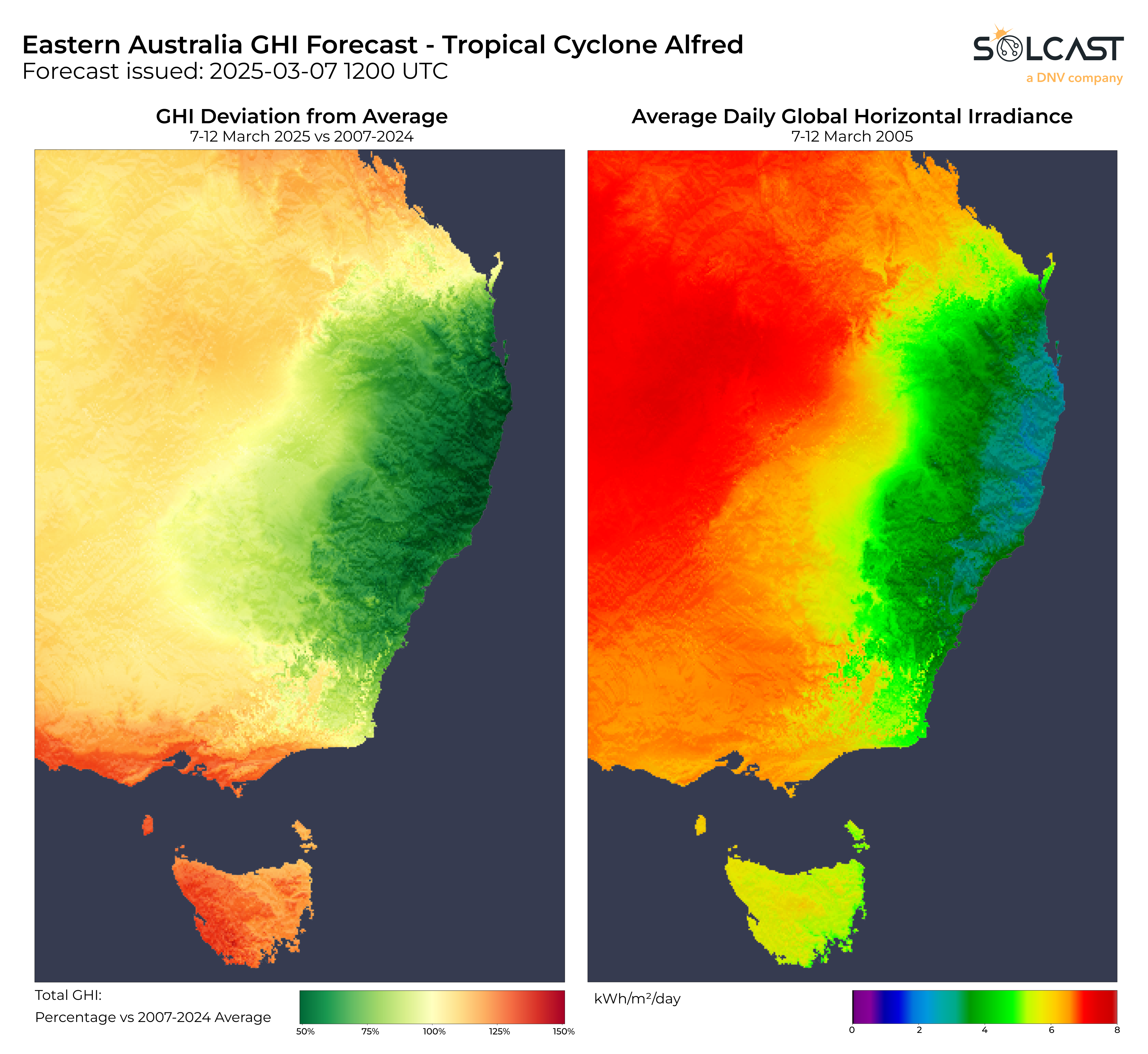 A side by side image of Eastern Australian map showing the GHI forecast for Tropical Cyclone Alfred
