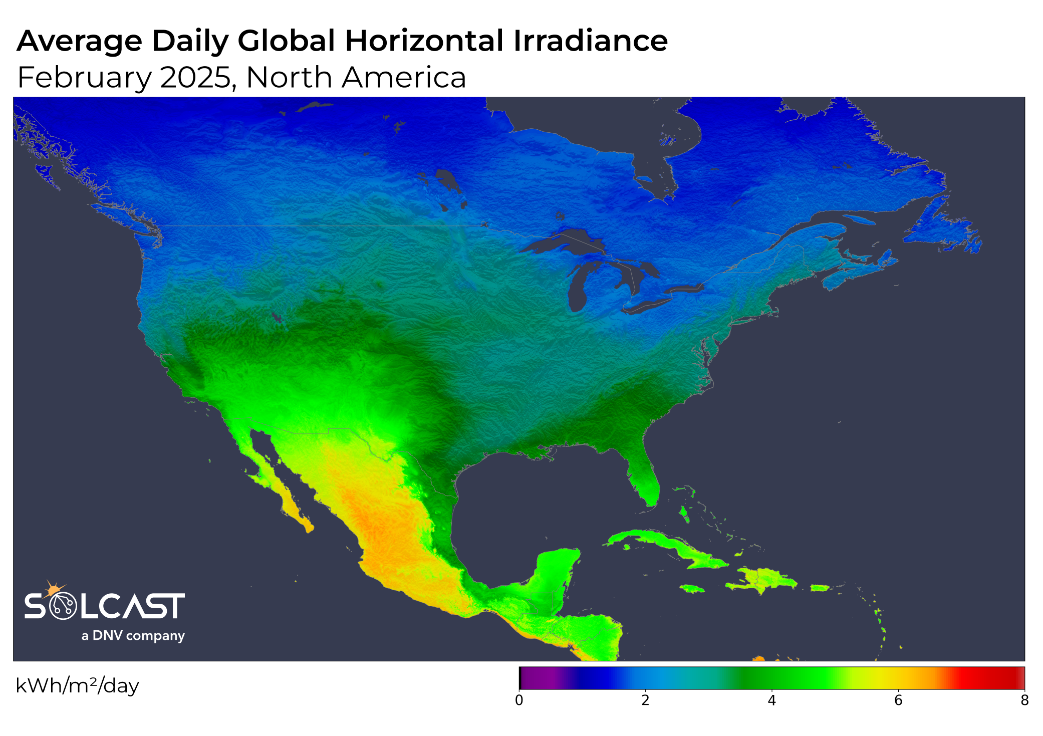A map showing North America's February 2025 average daily global horizontal irraidance