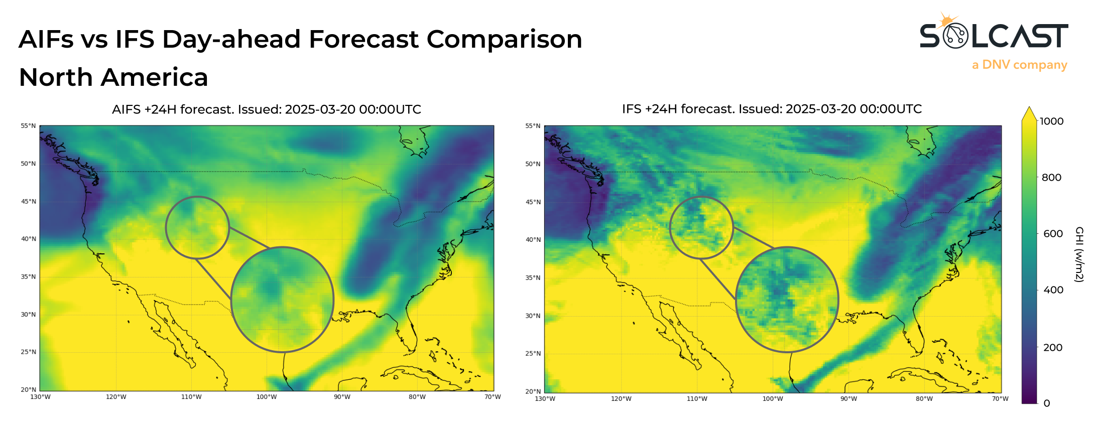 A North American map showing AIFS vs IFS Day-ahead Forecast Comparison
