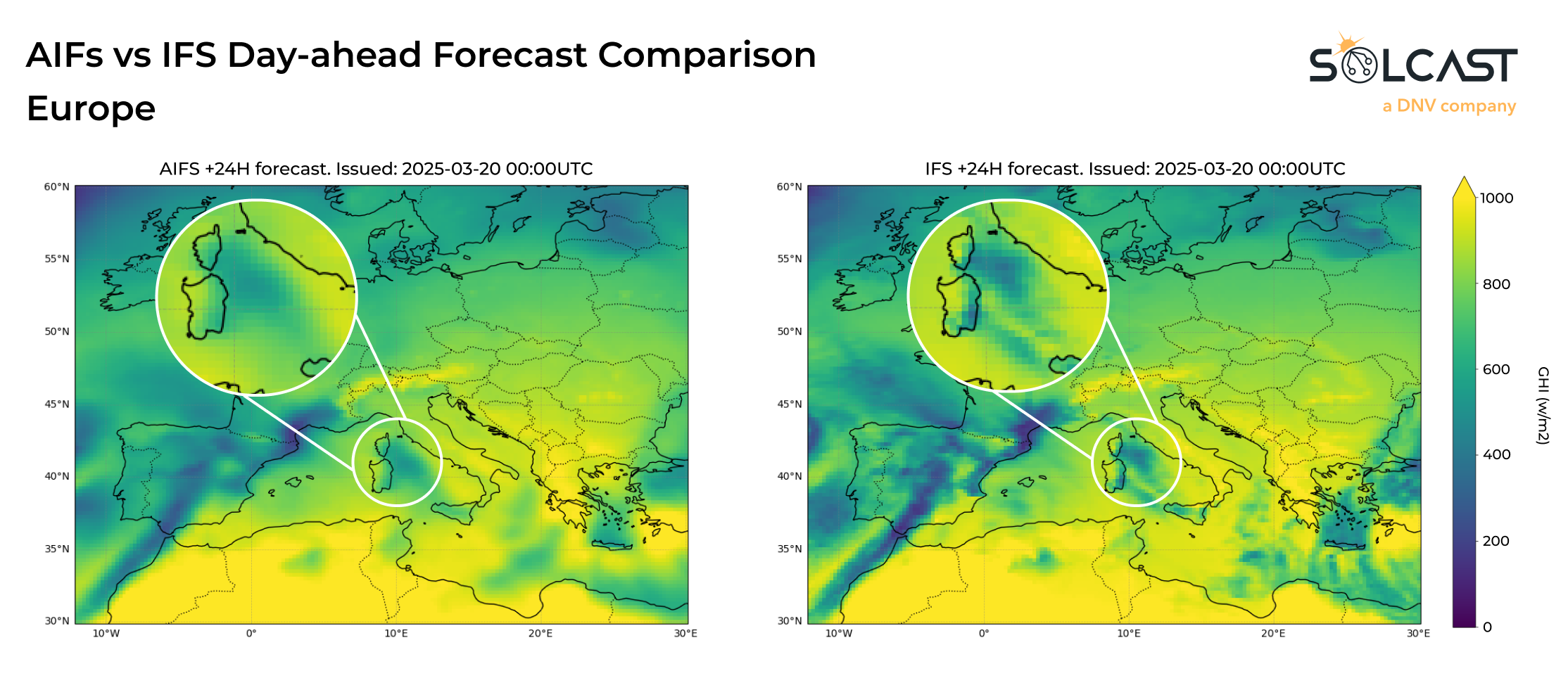 A European map showing AIFS vs IFS Day-ahead forecast comparison