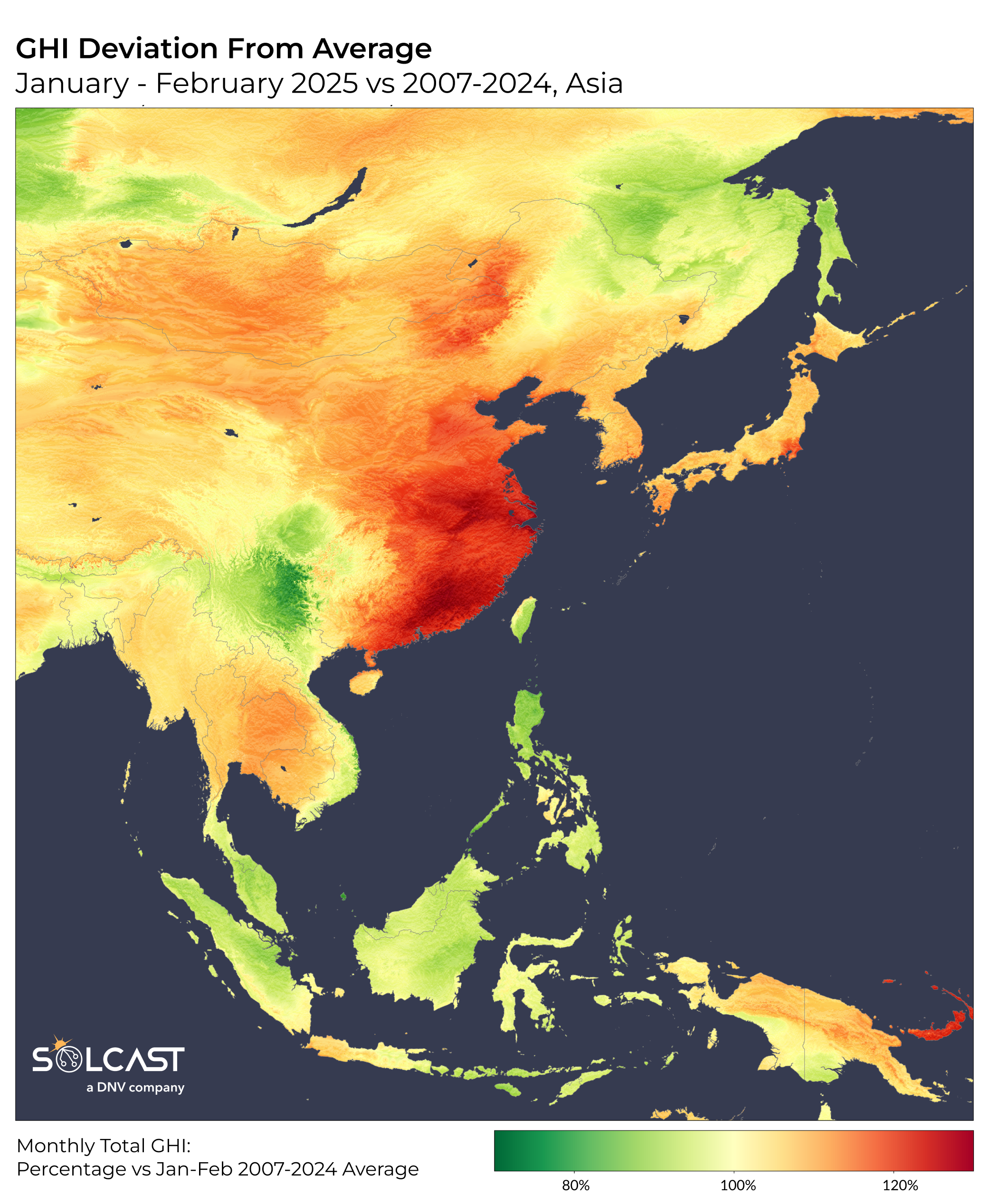 An Asian map showing the January -February 2025 GHI Deviation from 2007-2024 average