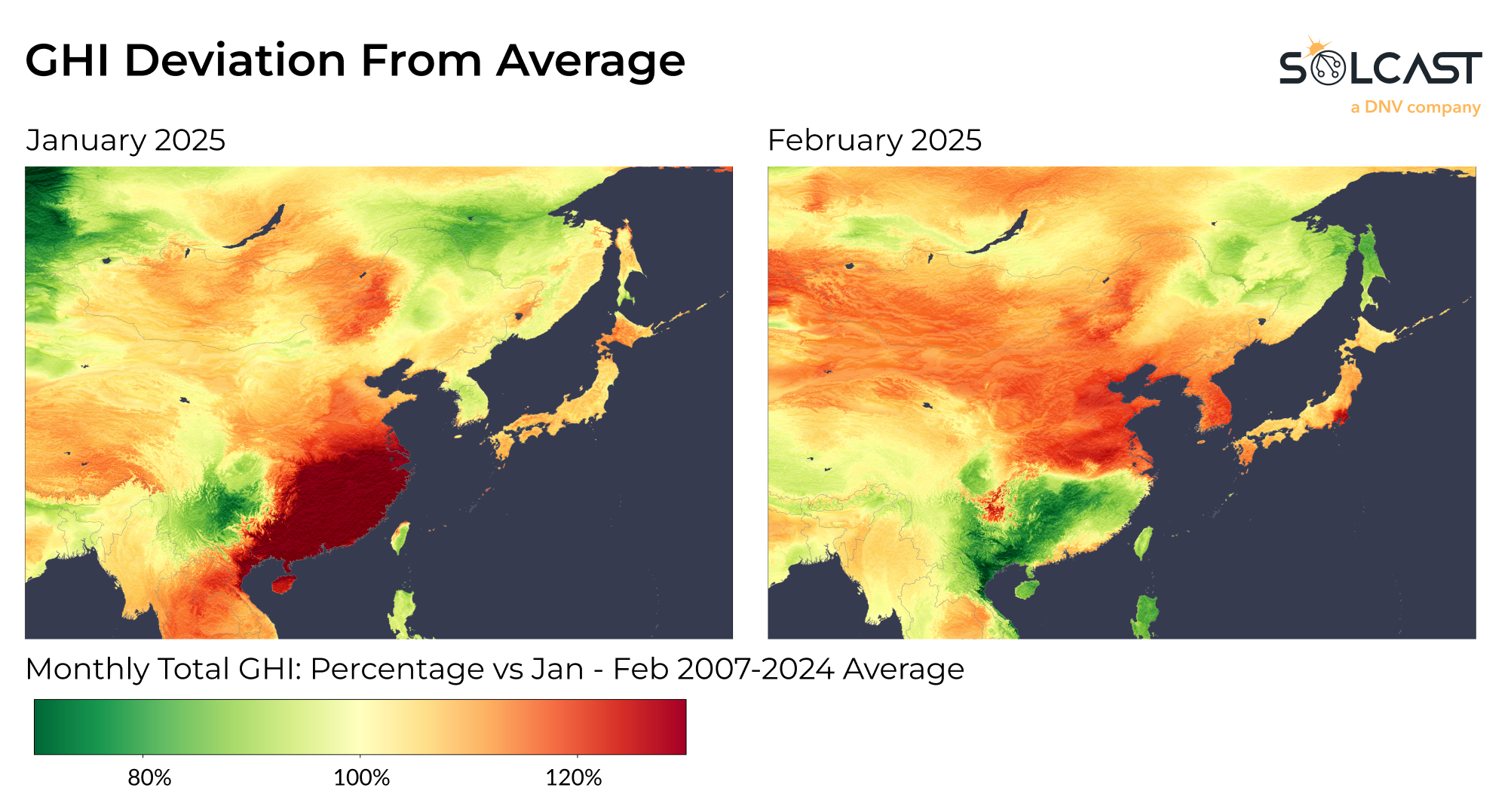 An Eastern Asian map showing the January -February 2025 GHI Deviation from 2007-2024 average