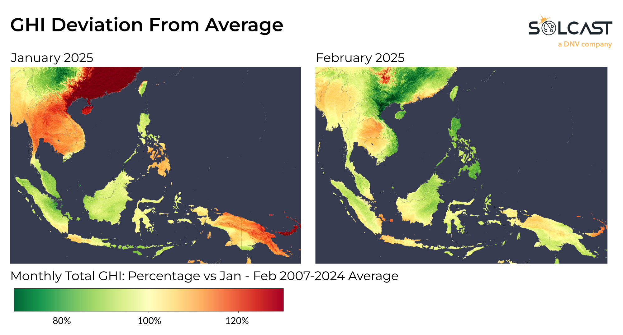 An SouthEast Asian map showing the January -February 2025 GHI Deviation from 2007-2024 average
