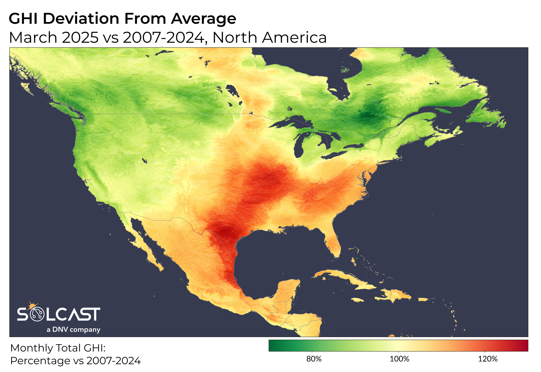 A North American map showing March 2025 deviation from 2007-2024 average