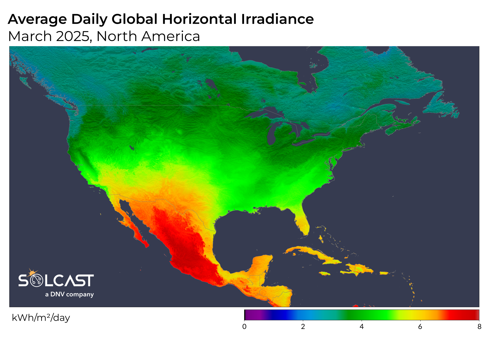 A North American map showing March 2025 Average Daily Global Horizontal Irradiance