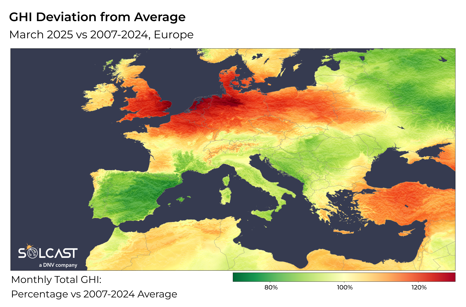 A European map showing the March 2025 GHI Devation from 2007-2024 average