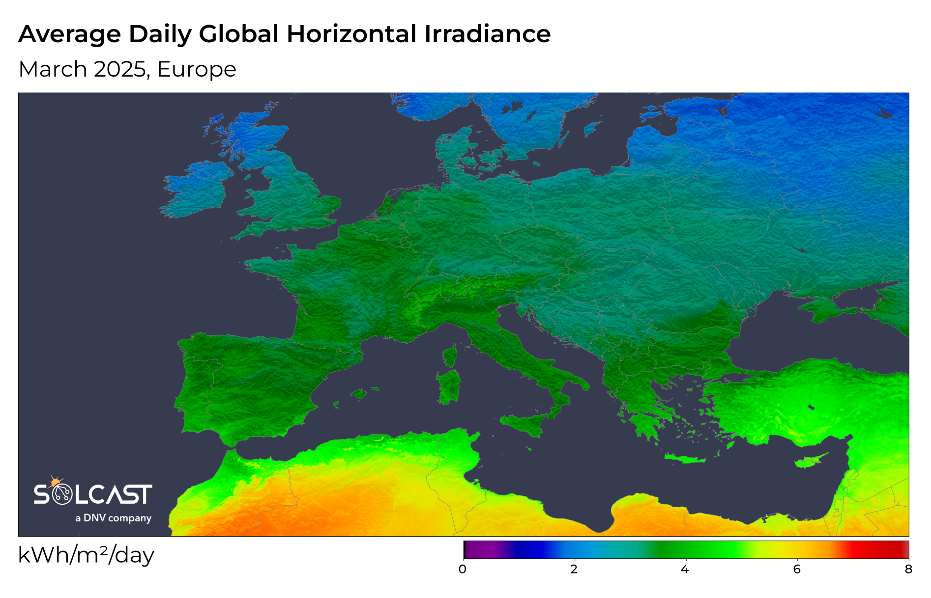 A European map showing the Average Daily Global Horizontal Irradiance in March 2025