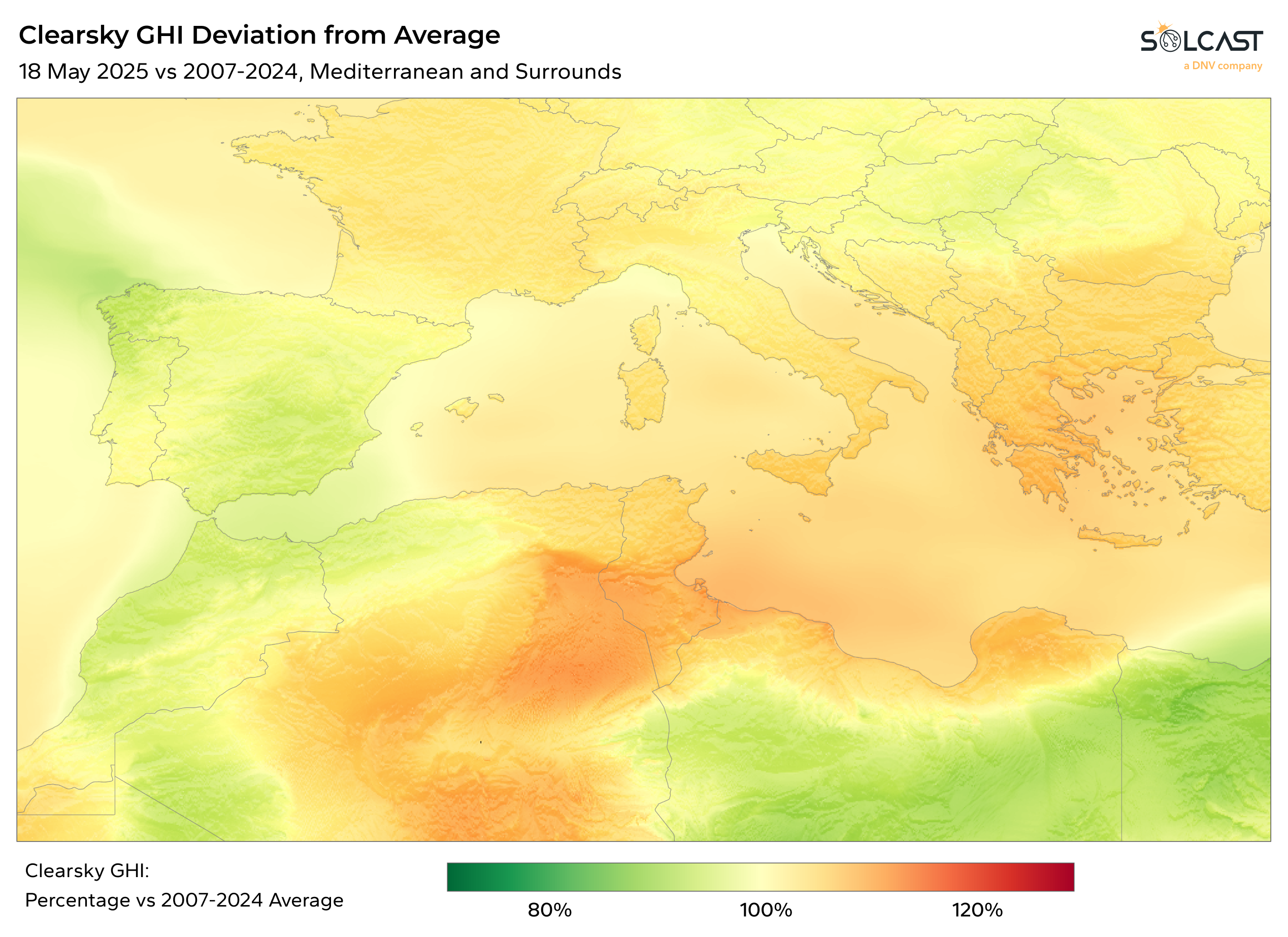 A map showing the clearsky GHI Deviation from Average