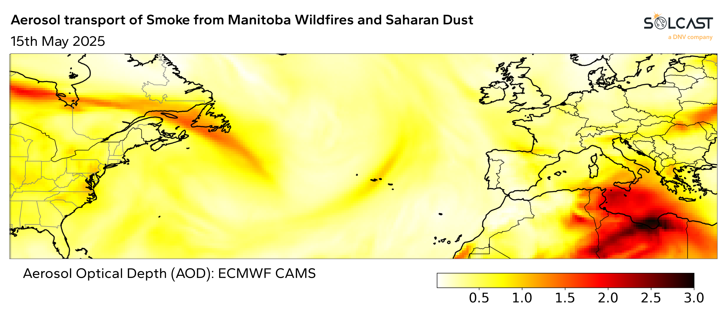 A map image showing the aerosol transport of smok from Manitoba Wildfires and Saharan Dust