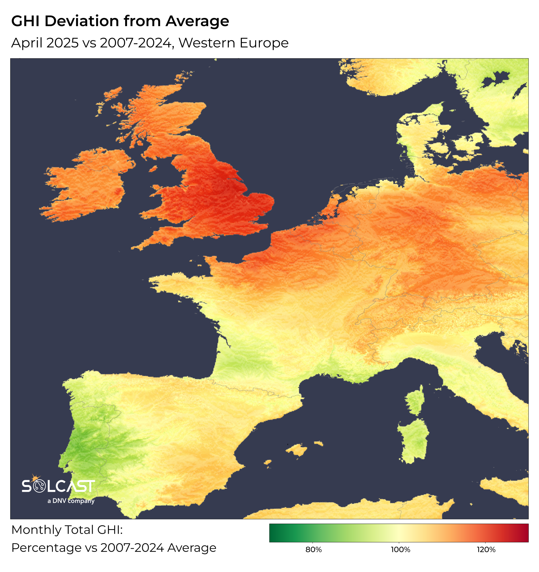 A GHI anomaly map showing Western Europe's April 2025 irradiance vs 2007-2024