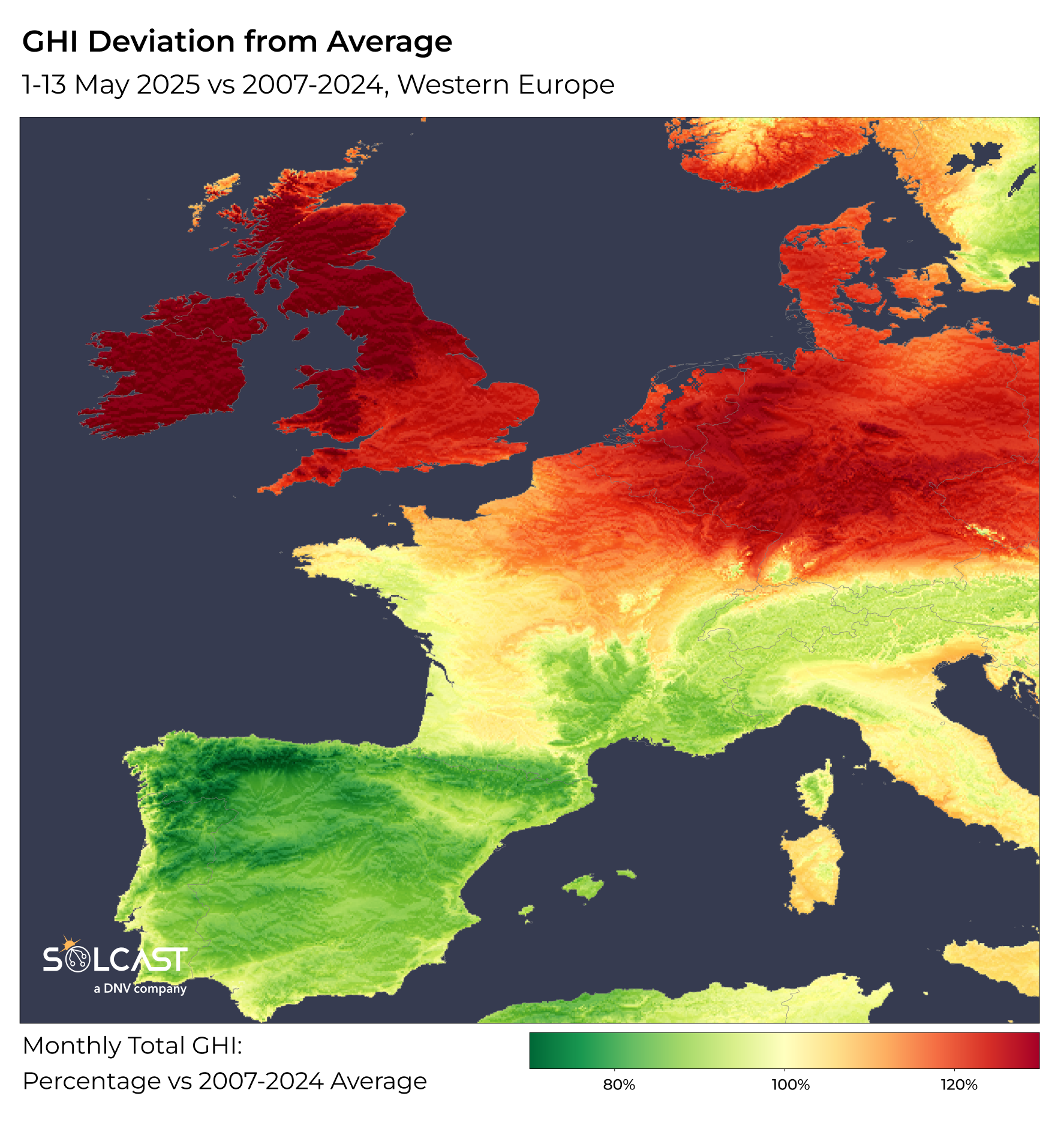 A GHI anomaly map showing Western Europe's May 2025 irradiance vs 2007-2024