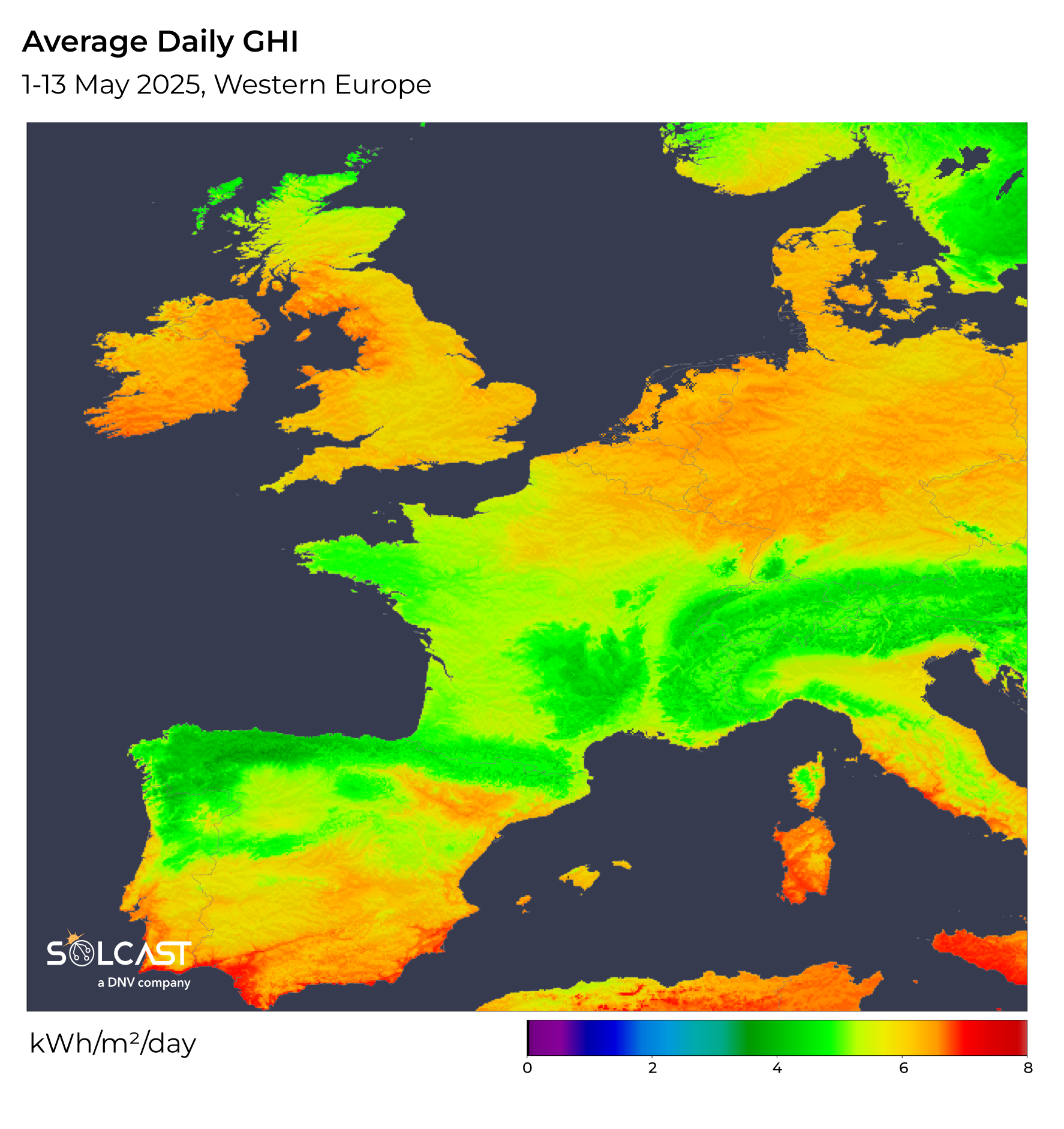 A Western European map showing Average Daily GHI from 1-13 May 2025 