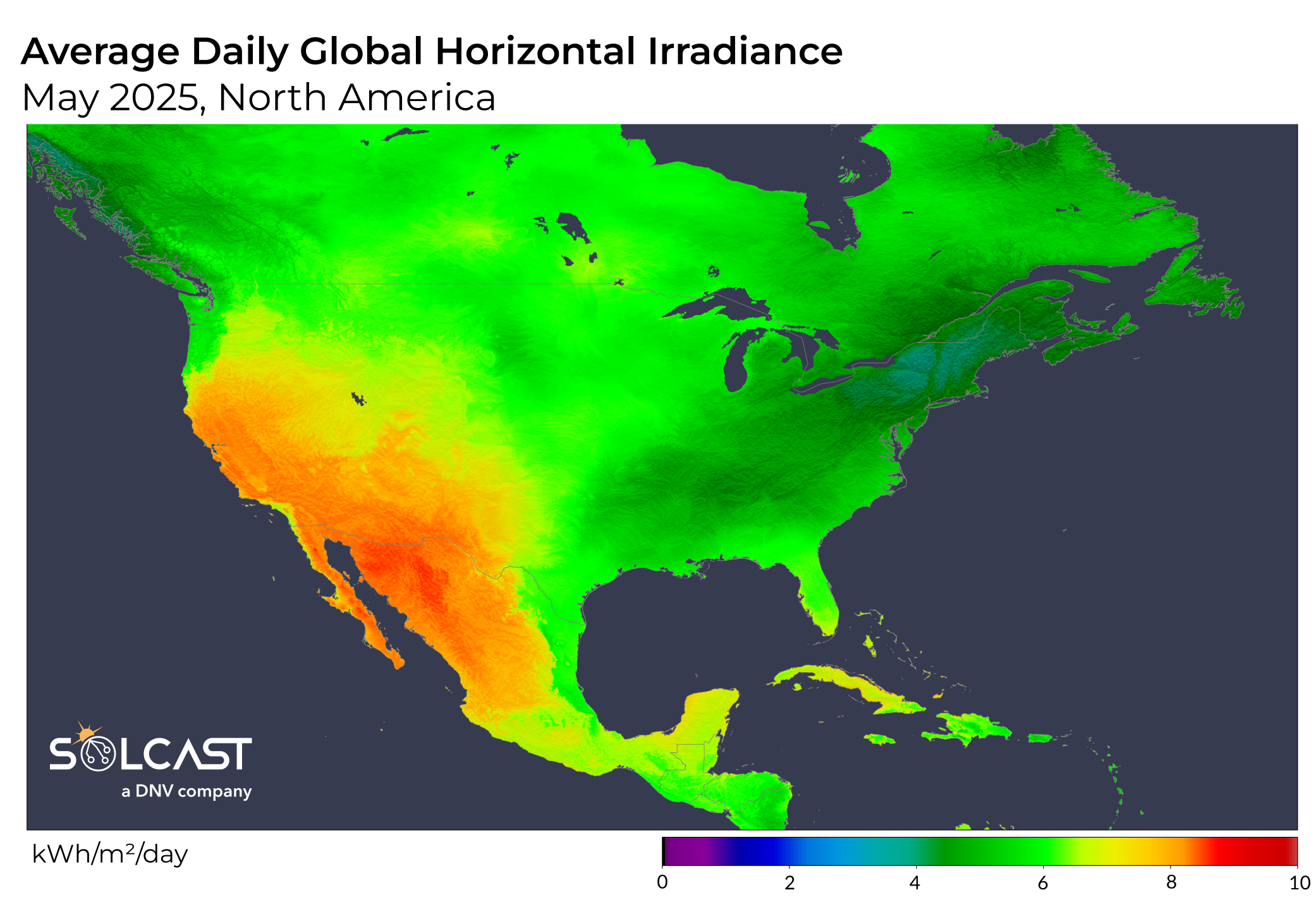 A North American solar map showing May 2025's average daily GHI