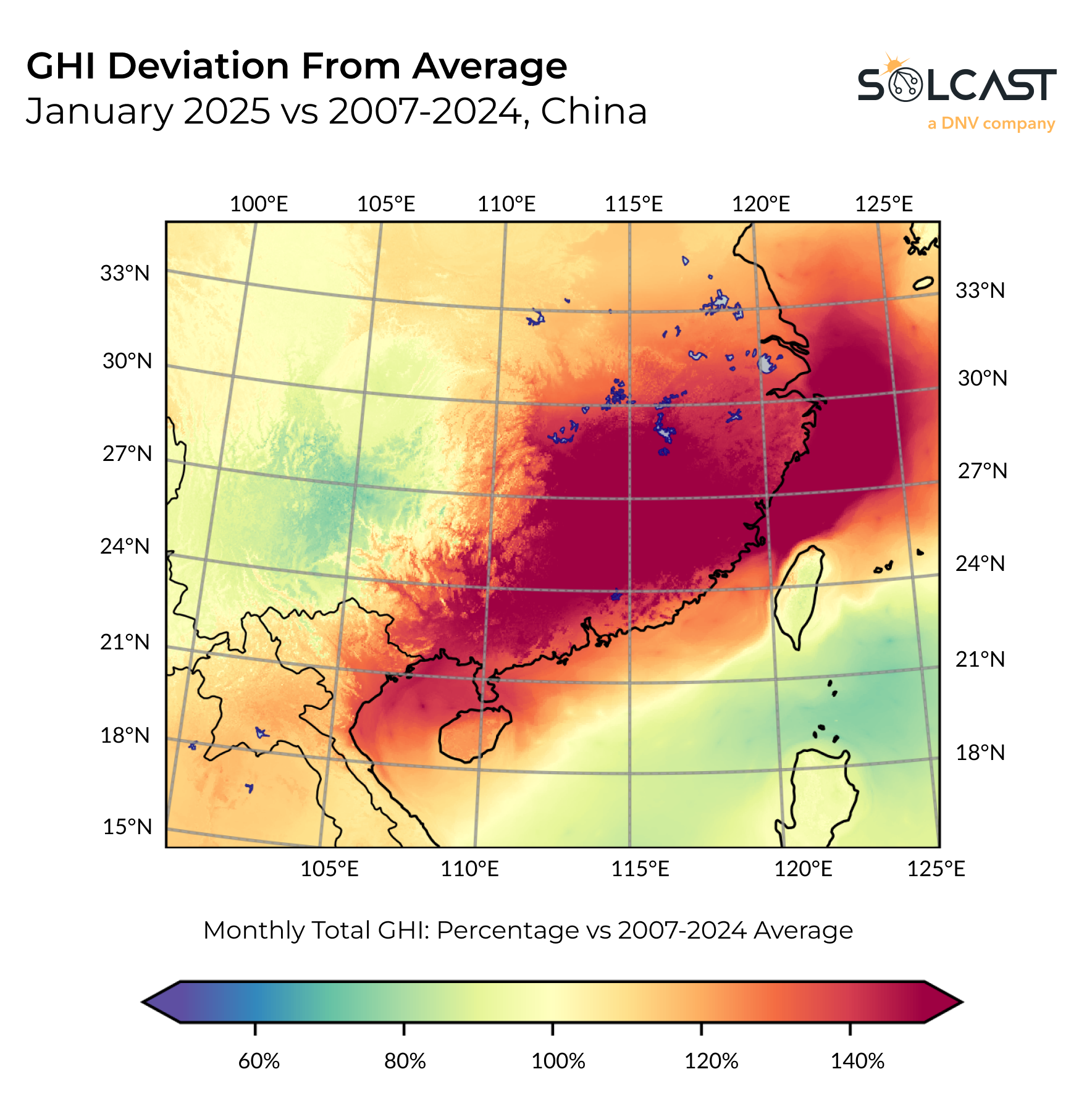 A map of China showing the January 2025 GHI Deviation from 2007-2024 average 