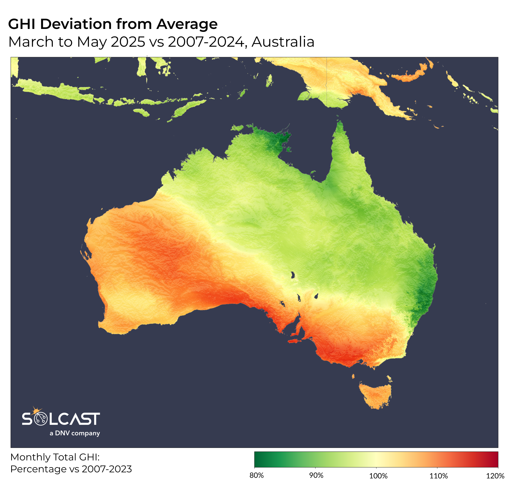An Australian solar map showing March 2025's GHI Deviation from 2007-2024