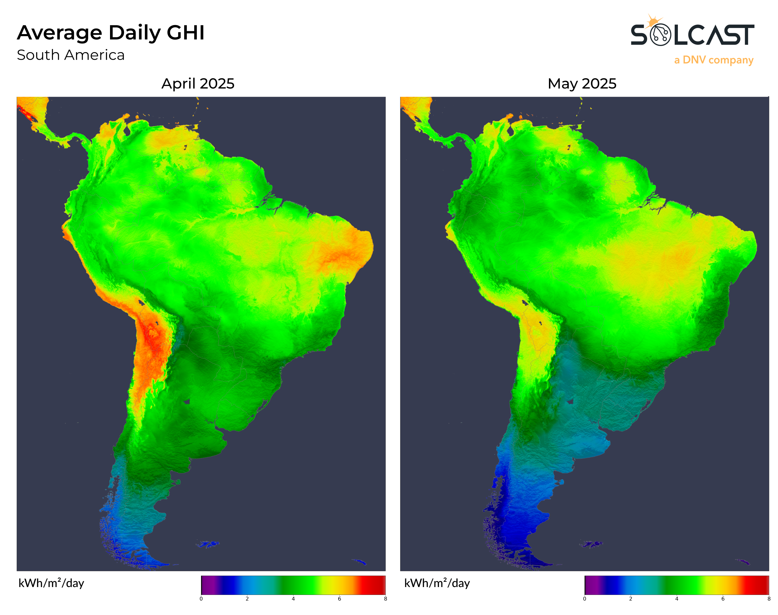 A map of South America showing April and May 2025 Average Daily GHI