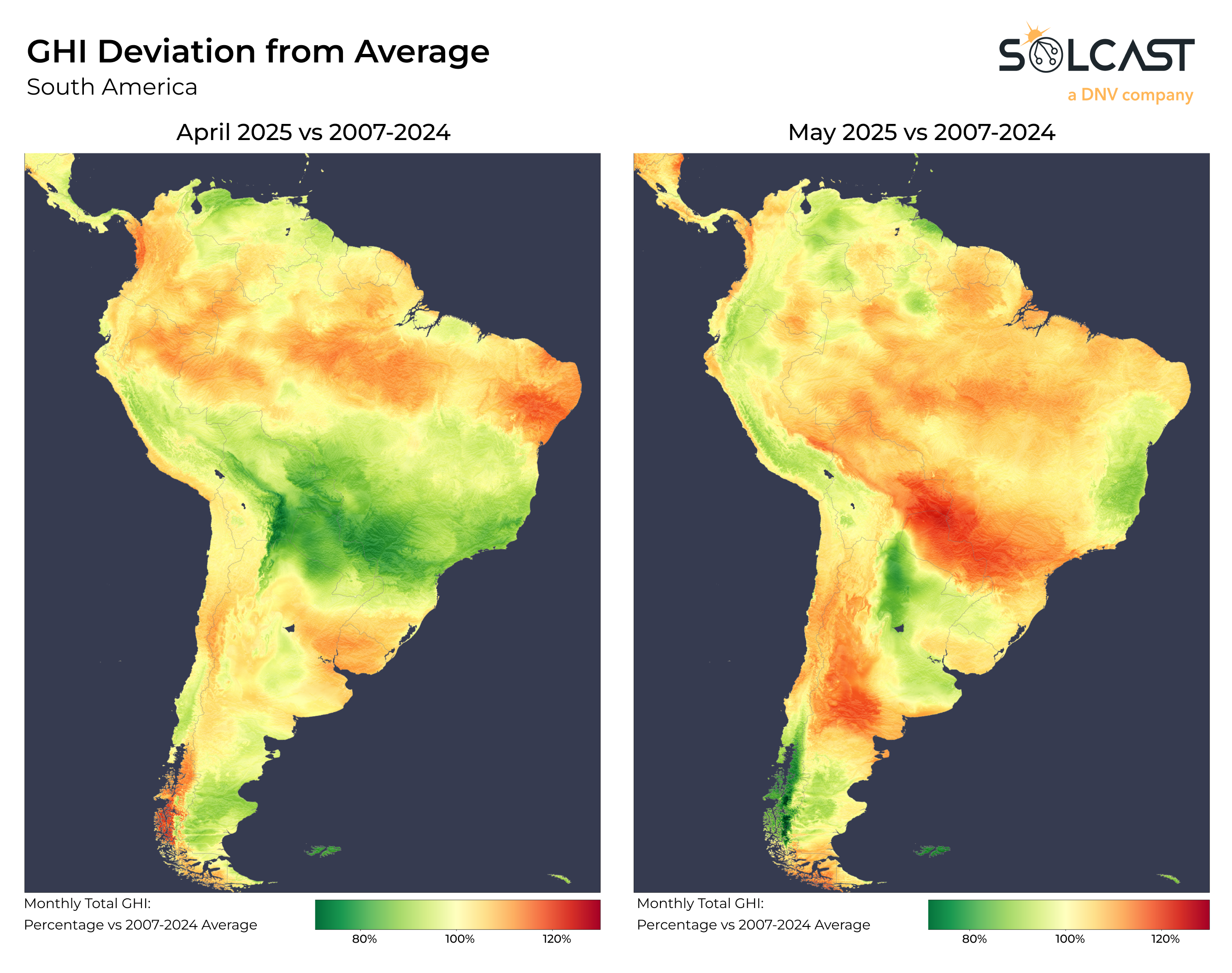 A map of South America showing April and May 2025 GHI anomaly compared to April and May 2007-2024