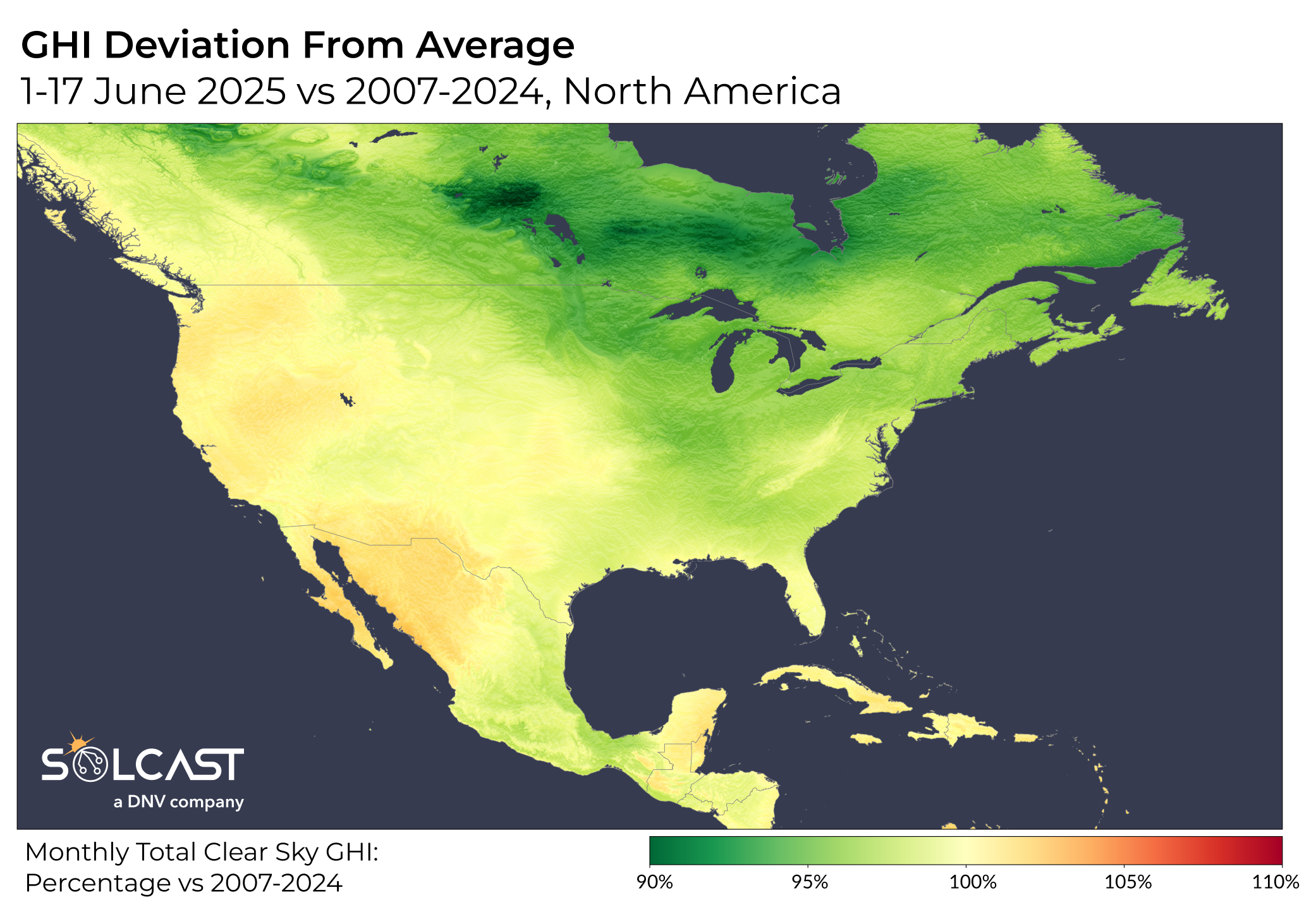 A solar map of North America's June 1-17 GHI Deviation from 2007-2024