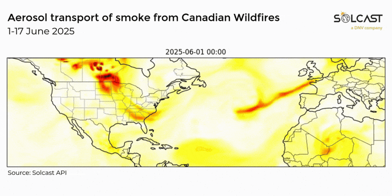 A GIF showing the aerosol transport of smoke from Canadian Wildfires