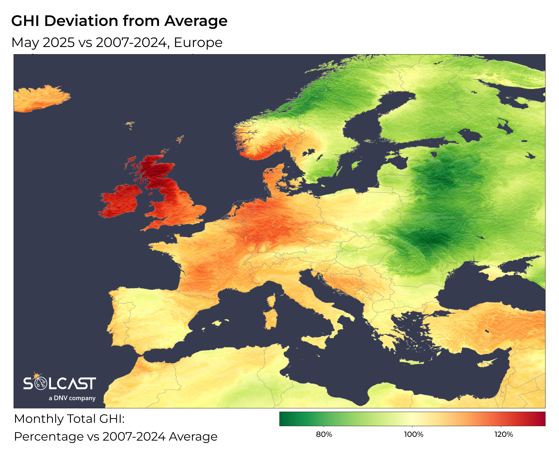 A European solar map showing May 2025's GHI deviation from 2007 to 2024 average