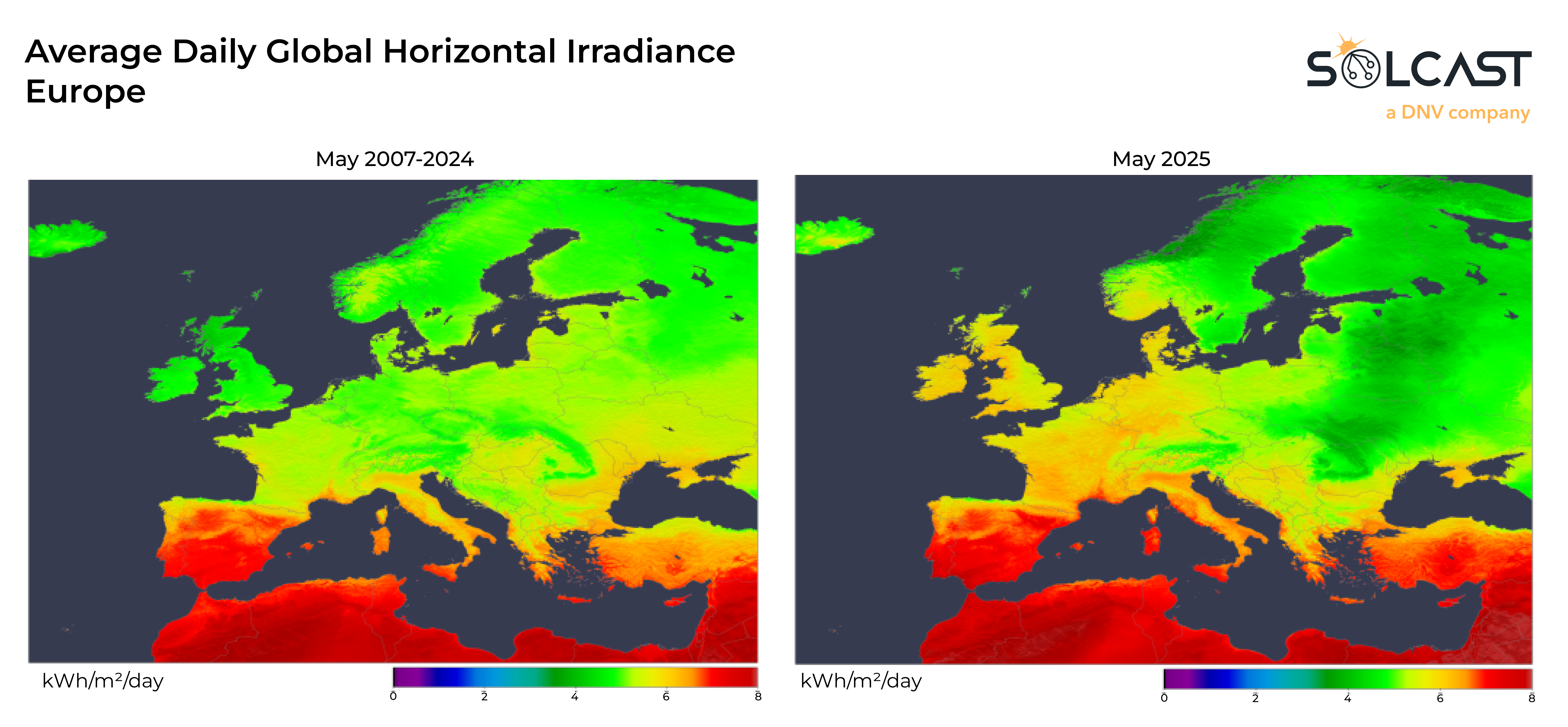 A European solar map comparison of May 2025 and May 2007-2024 average daily Global Horizonal Irradiance (GHI)